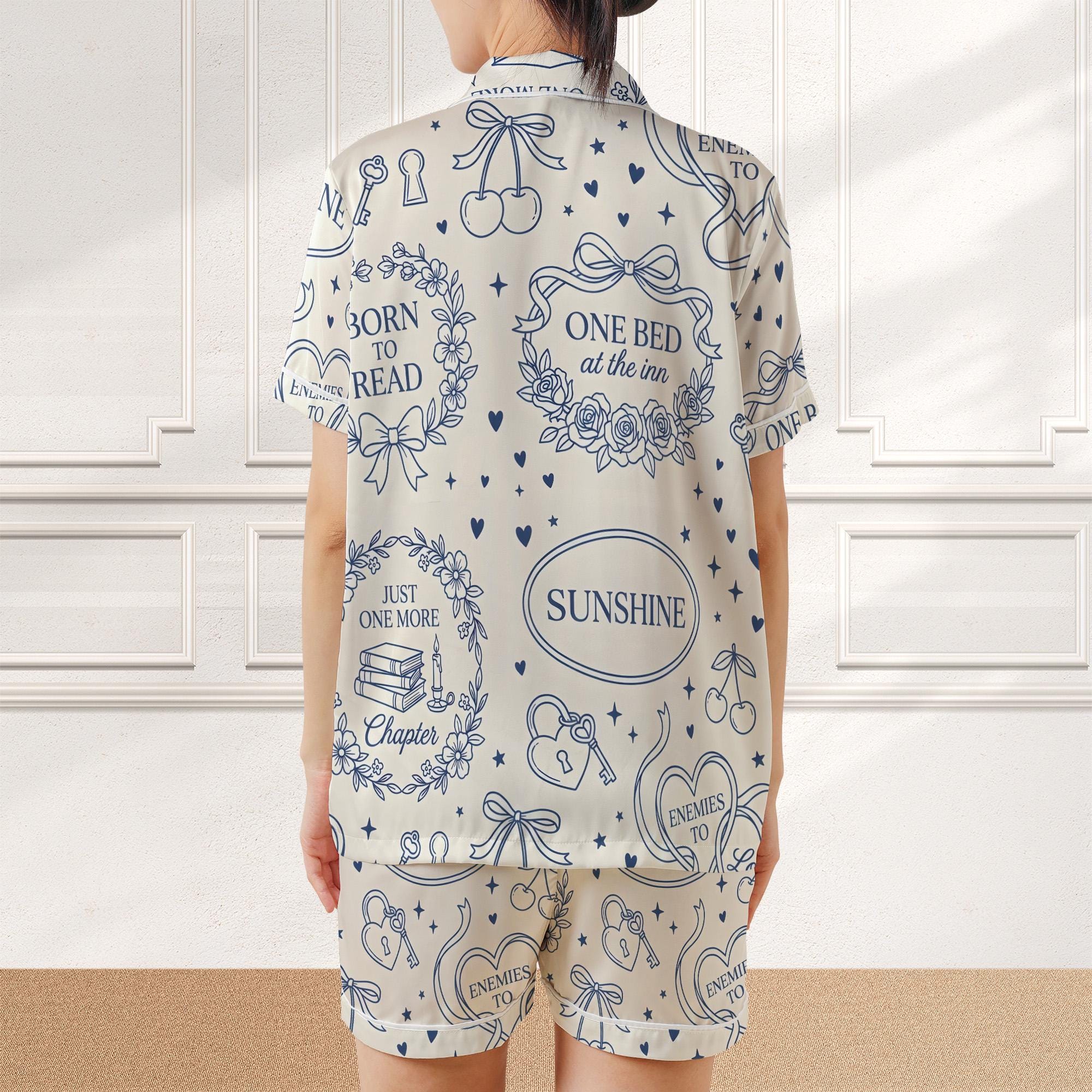 Bookish Satin Pajama Set: Born To Read Blue Doodle Print Button Down Short Sleeve image 2
