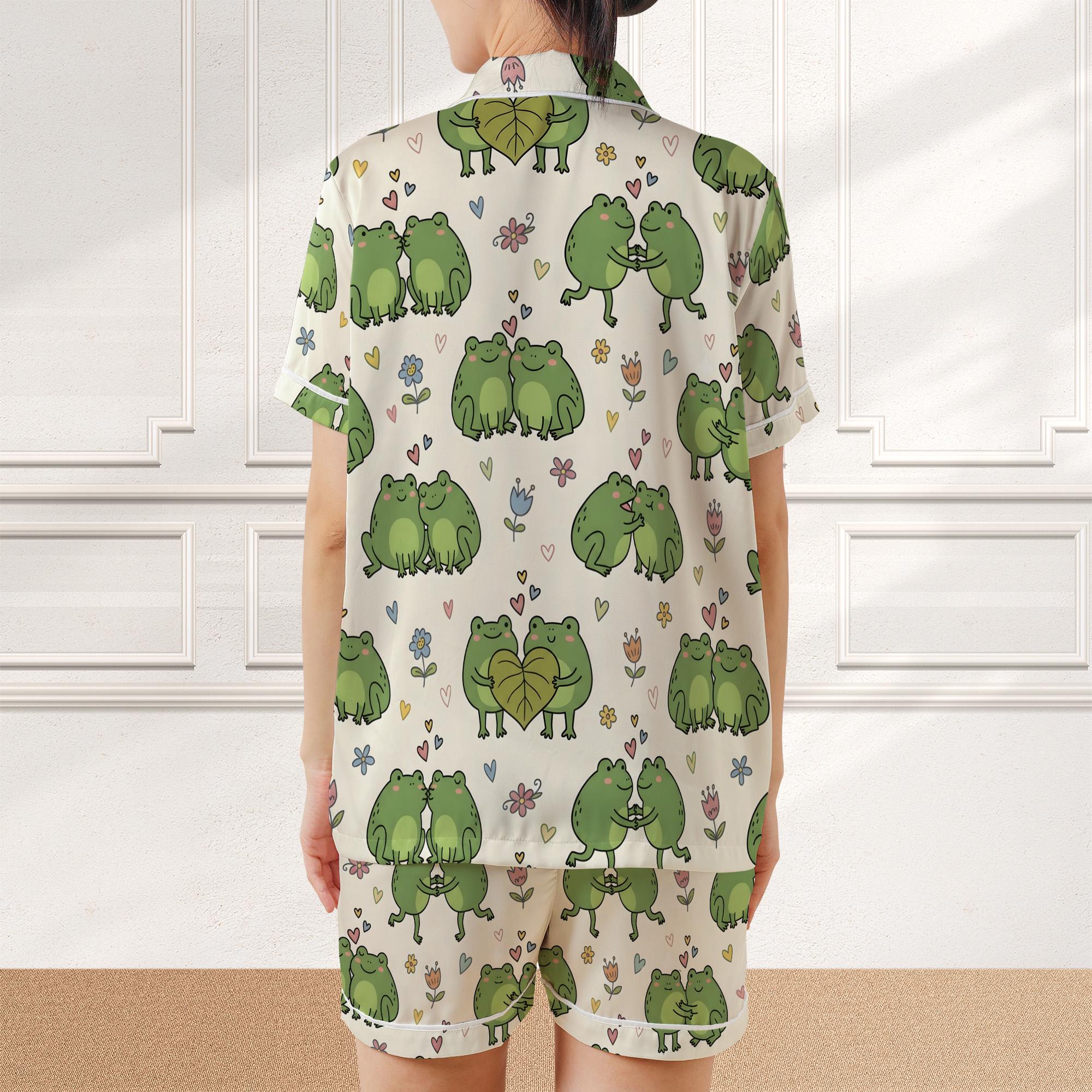 Satin Pajama Set: Green Frog Couple Print Button Down Short Sleeve image 2