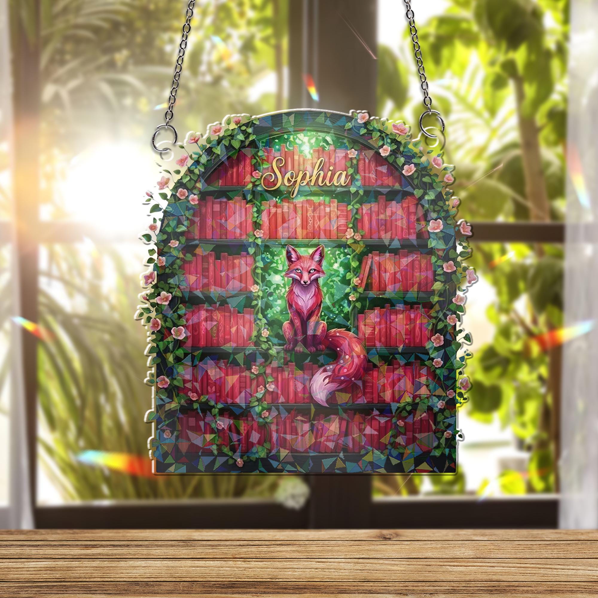 Personalized Fox Suncatcher: Red Bookshelf Library Design Holographic Acrylic Window Hanging image 2