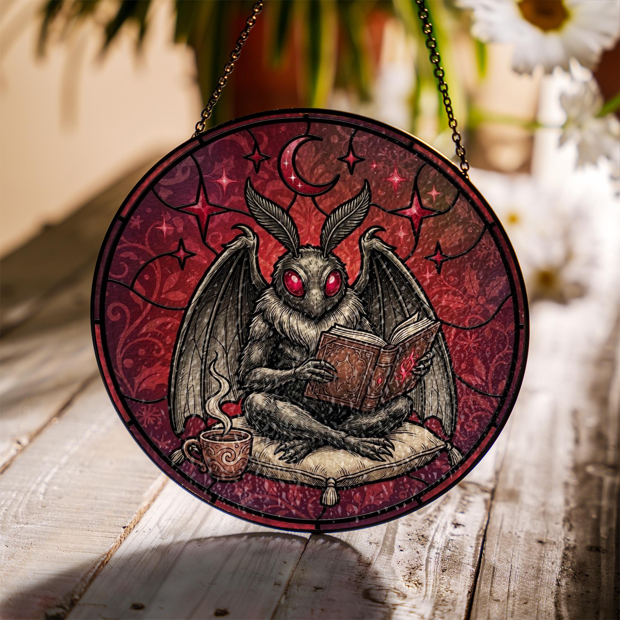 Mothman Reading Suncatcher: Red Gothic Stained Glass Style Round Window Hanging image 1