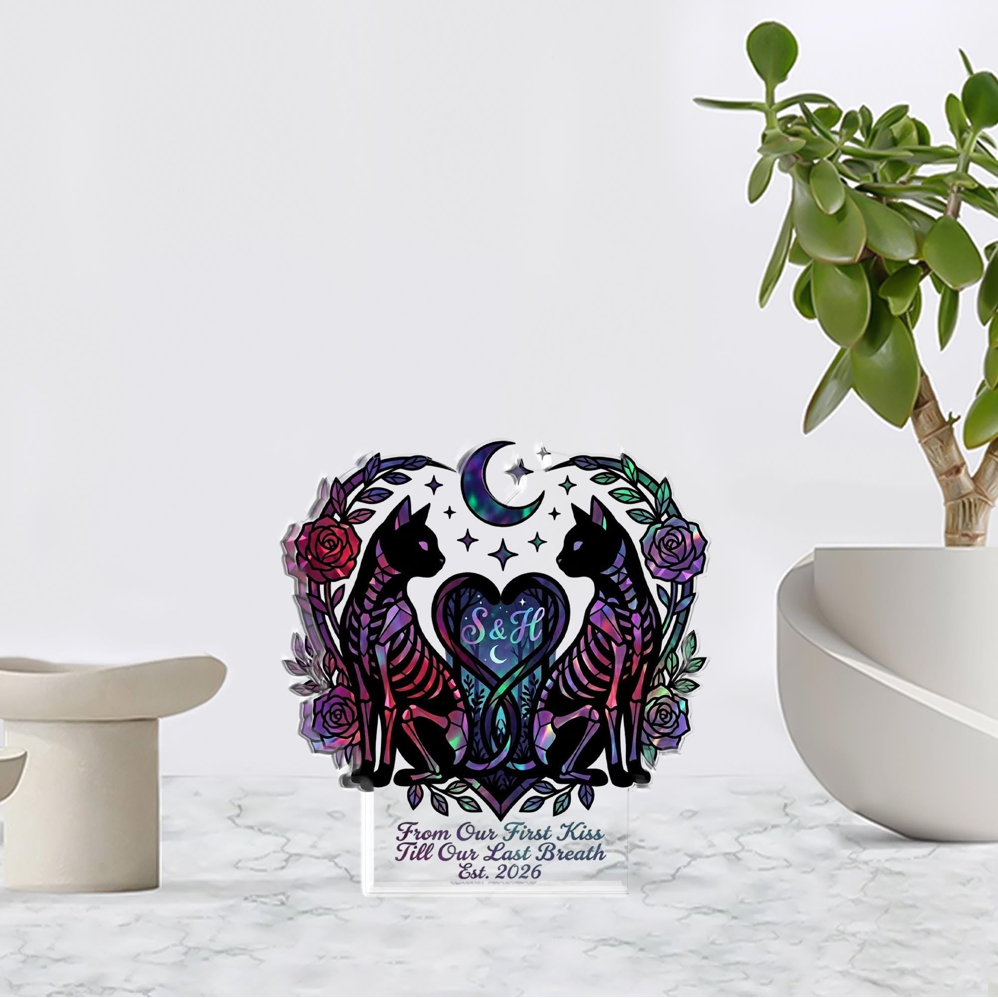 Personalized Acrylic Plaque: Skeleton Cats Gothic Wedding Date Sign Stained Glass Style image 1