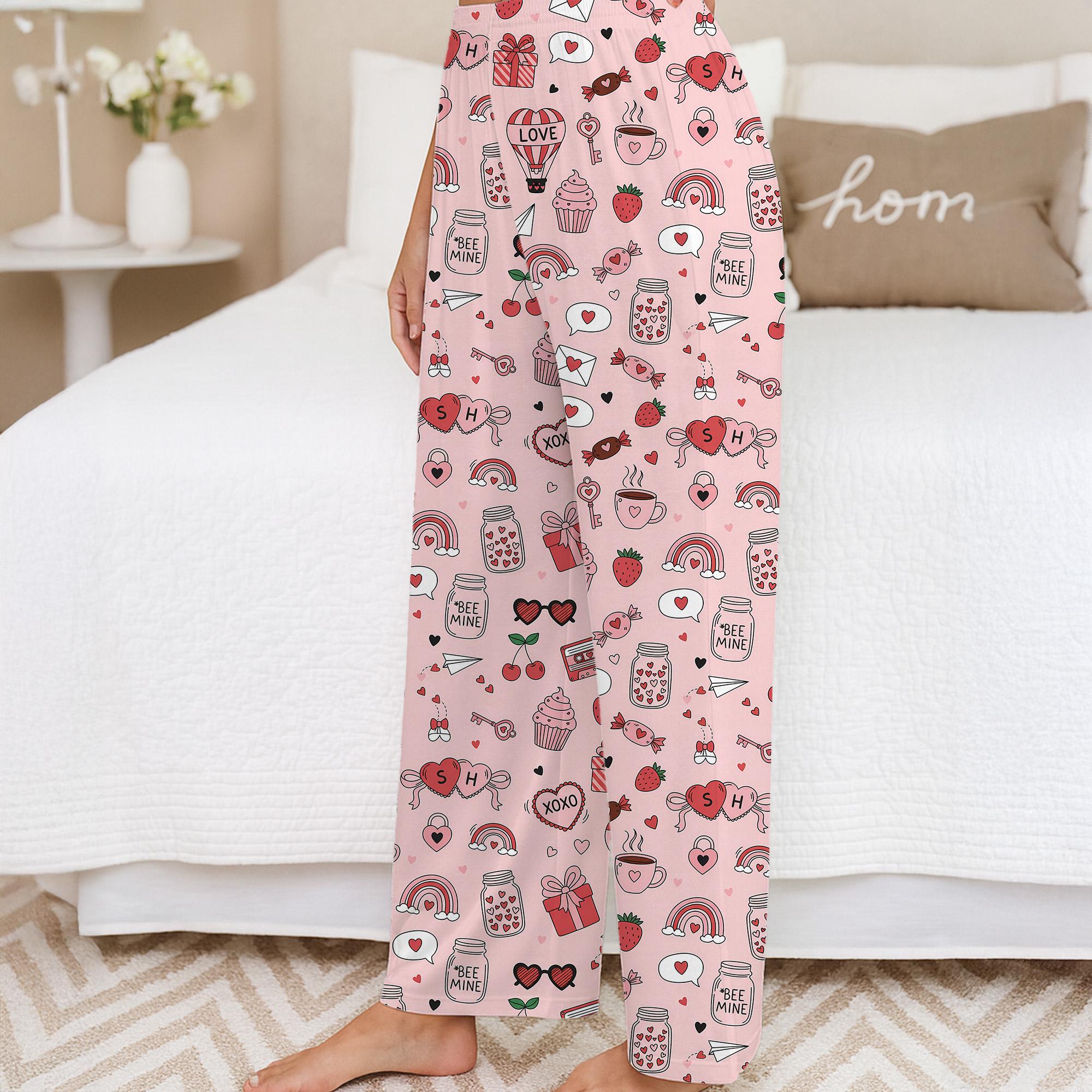Personalized Pajama Pants: Custom Initials Pink Valentine Doodle Print Bee Mine Strawberry Design image 2