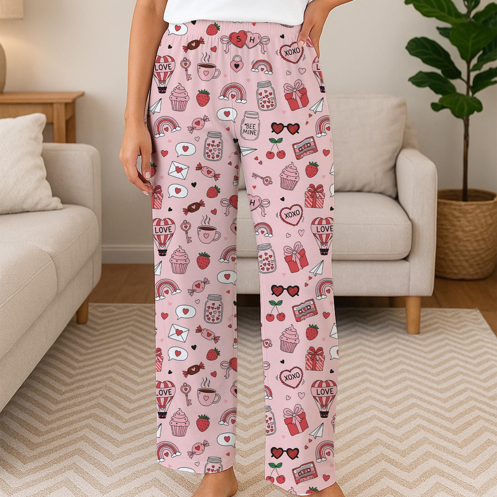 Personalized Pajama Pants: Custom Initials Pink Valentine Doodle Print Bee Mine Strawberry Design image 1