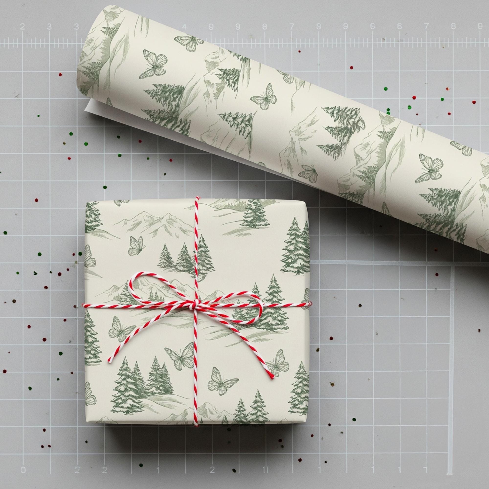 Green Toile Wrapping Paper: Mountain Landscape & Pine Tree Design Butterfly Print Gift Wrap image 2