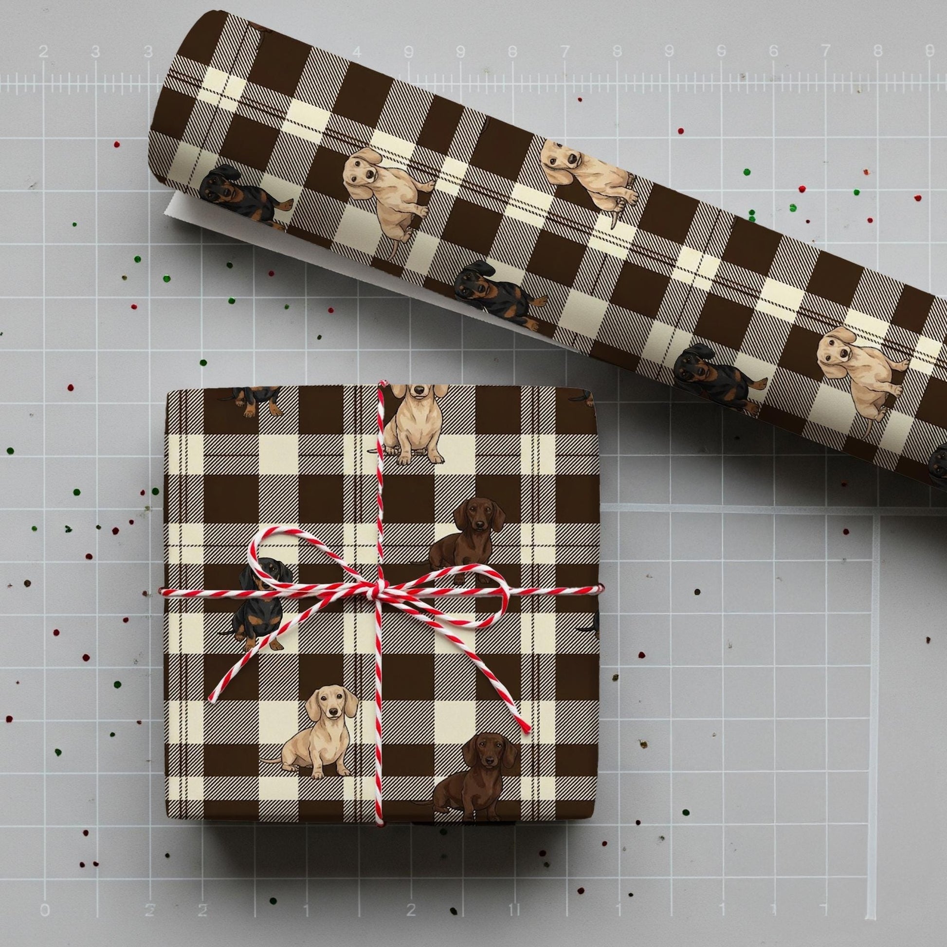 Dachshund Wrapping Paper: Brown Checkered Plaid Print Wiener Dog Gift Wrap Sheet image 3