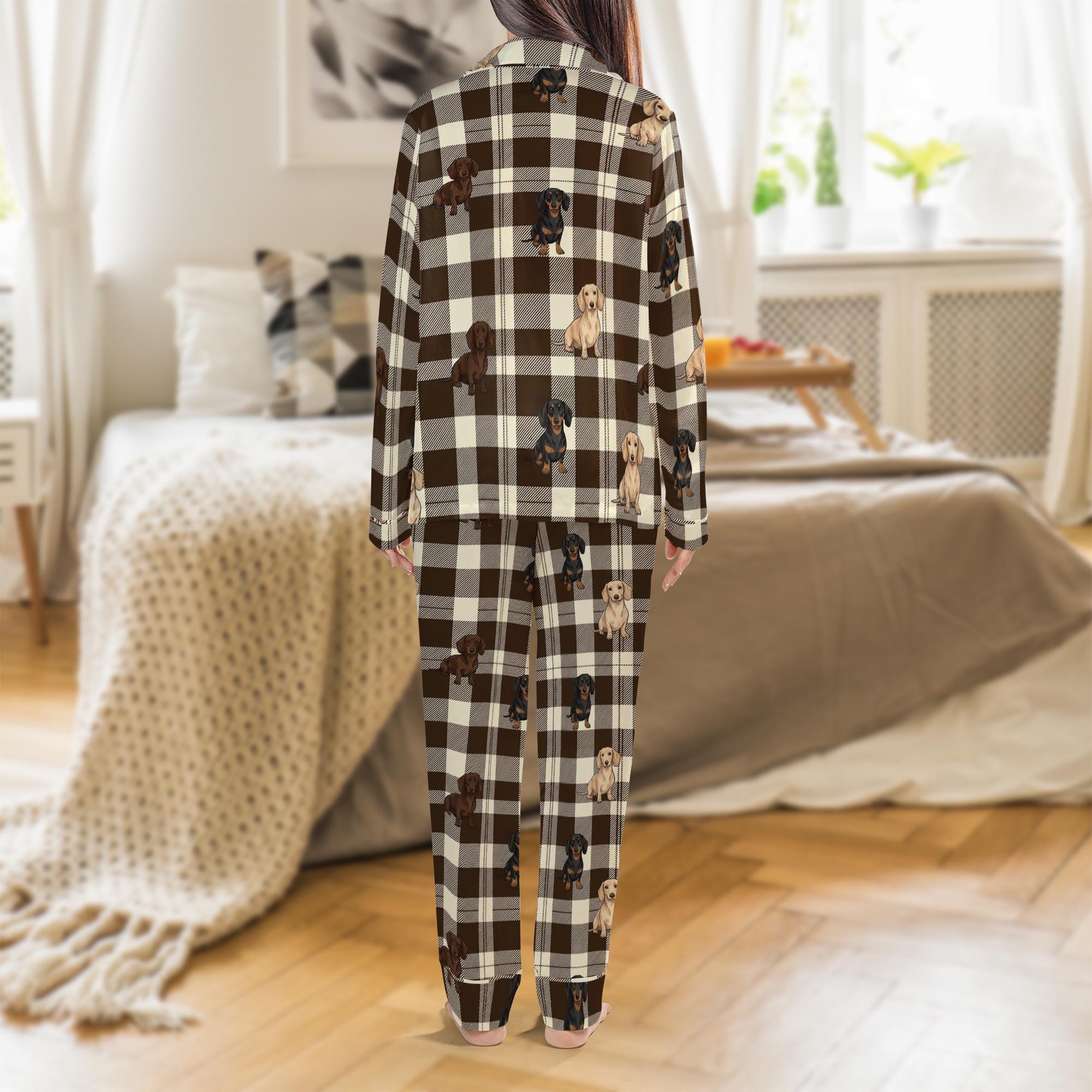 Dachshund Satin Pajama Set: Brown Plaid Checkered Print Long Sleeve Button Down image 2
