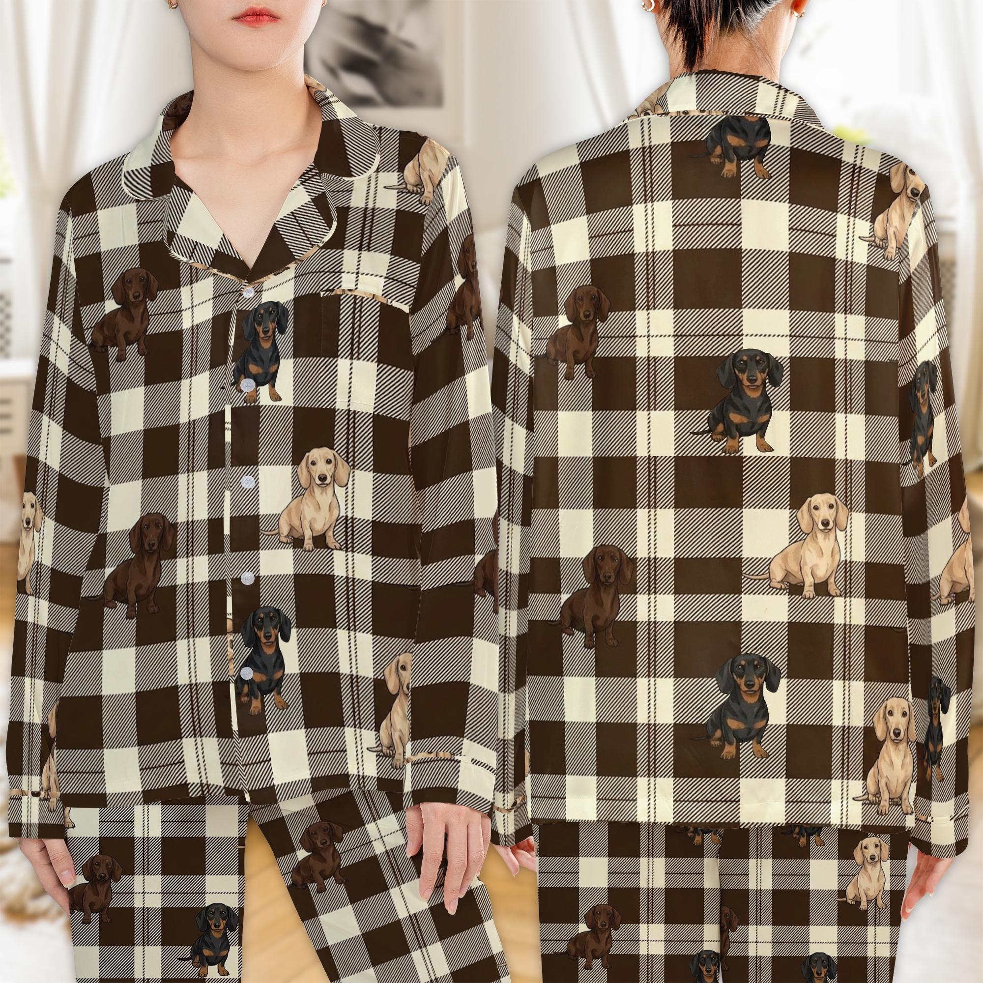 Dachshund Satin Pajama Set: Brown Plaid Checkered Print Long Sleeve Button Down image 1