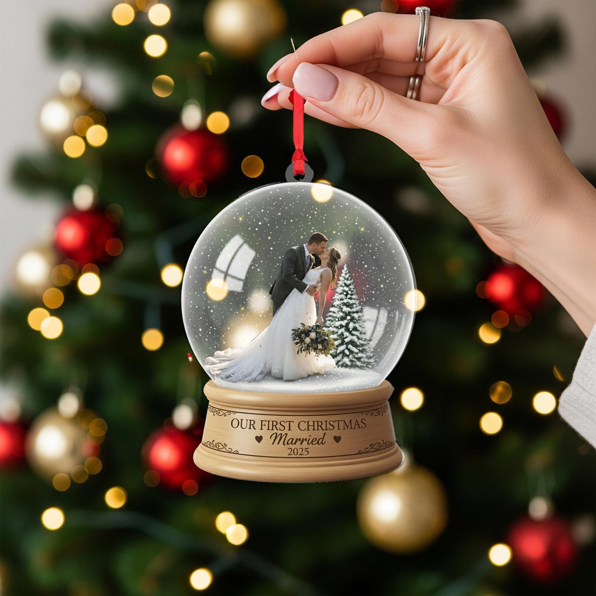 Personalised First Christmas Married Ornament – Custom Photo Snow Globe Keepsake image 2