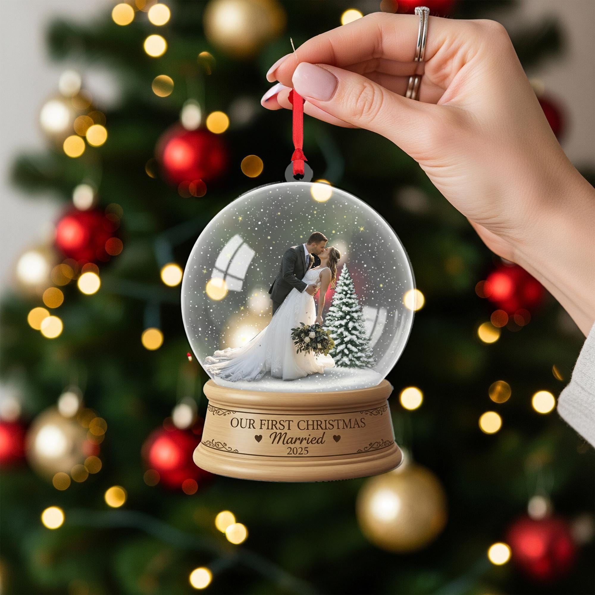 Personalised First Christmas Married Ornament – Custom Photo Snow Globe Keepsake image 2