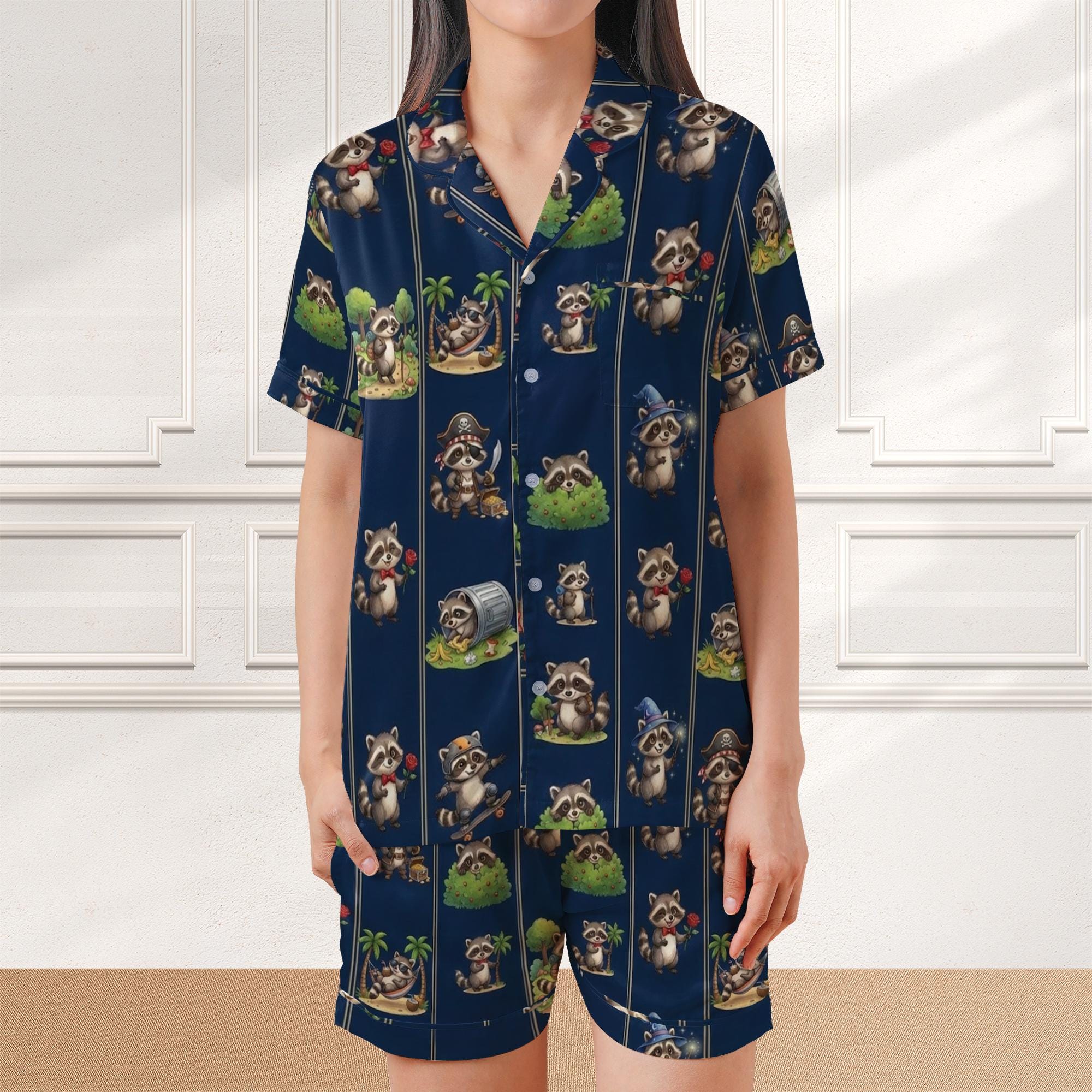 Funny Raccoon Satin Pajama Set: Trash Panda Pirate Wizard & Skater Print Blue Short Sleeve image 1