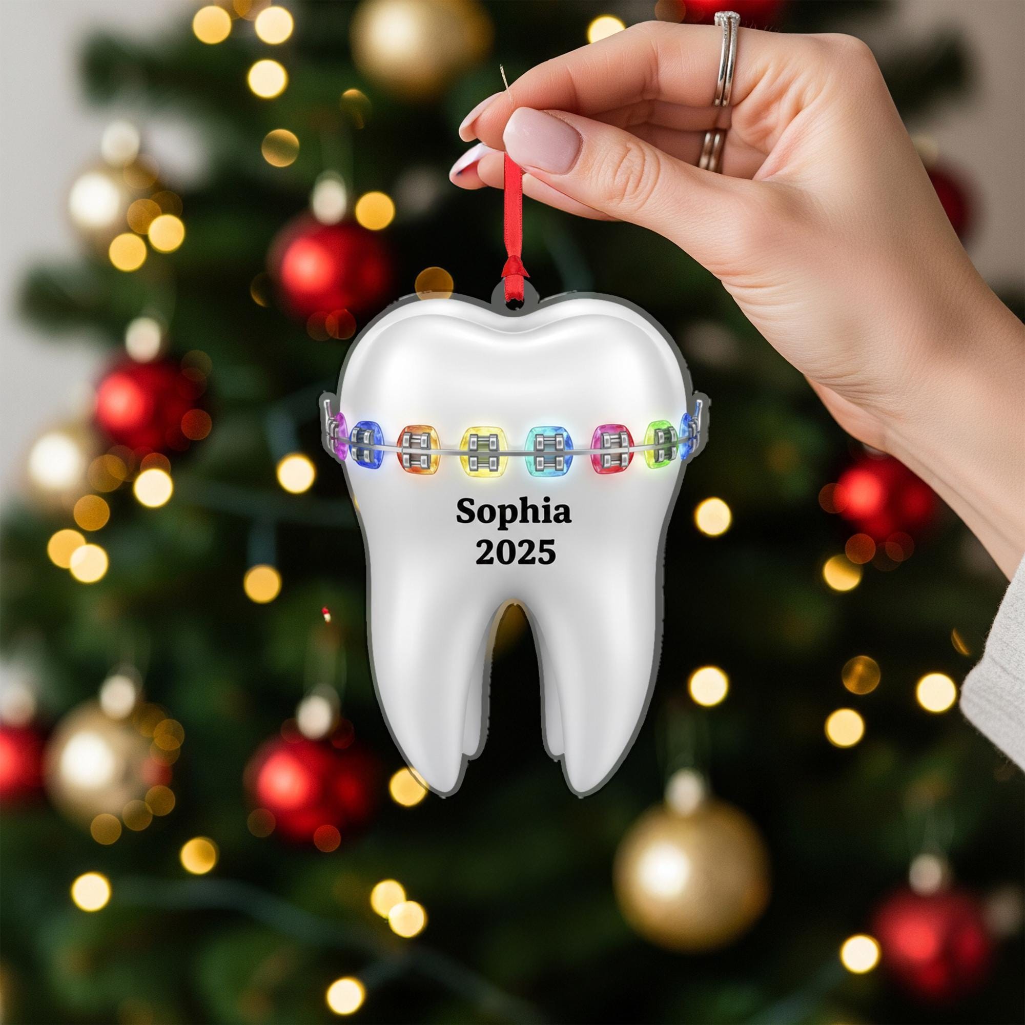 Personalized Acrylic Tooth Ornament: Braces Design, Dentist Gift image 1