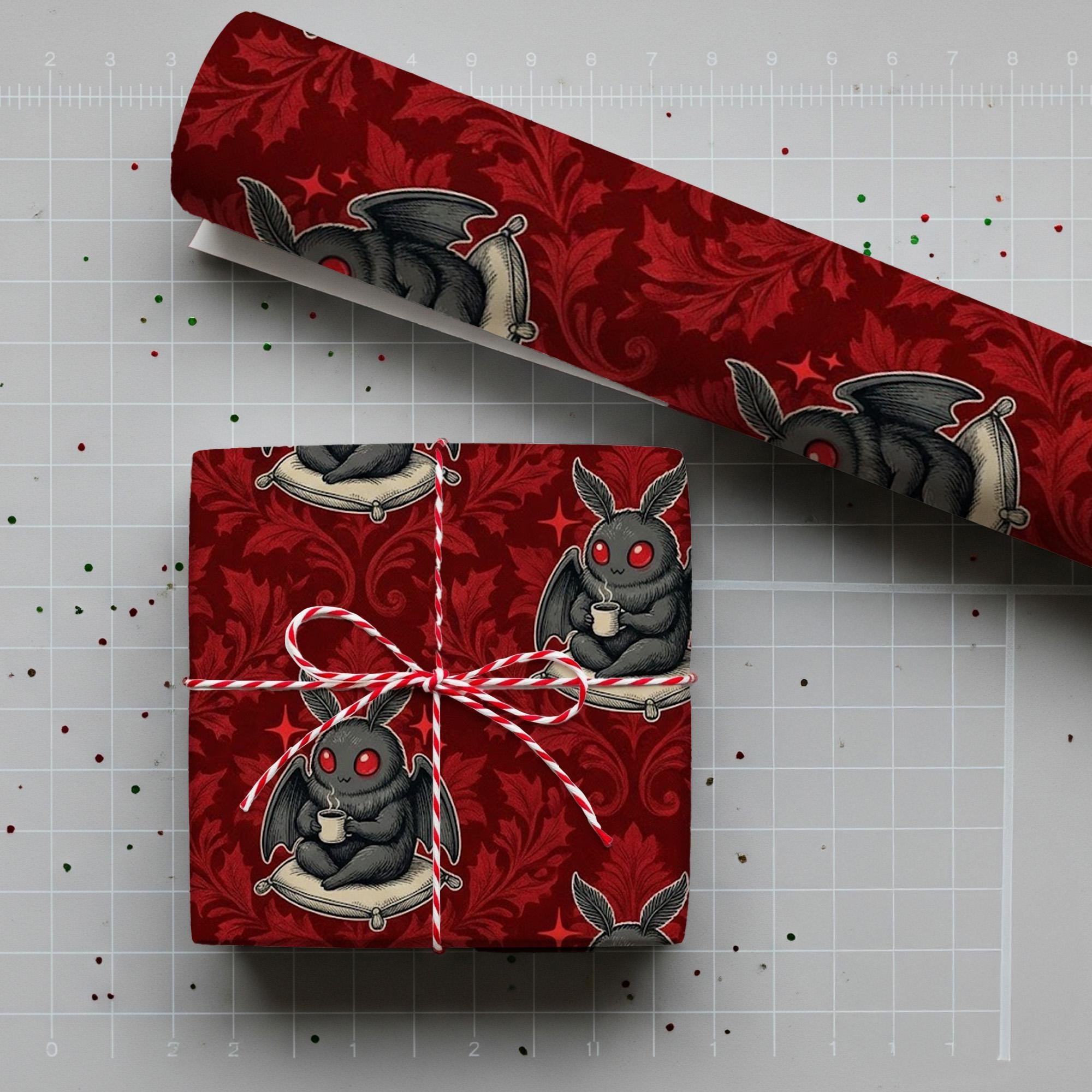 Mothman Gift Wrap Sheet: Red Damask Gothic Pattern image 1