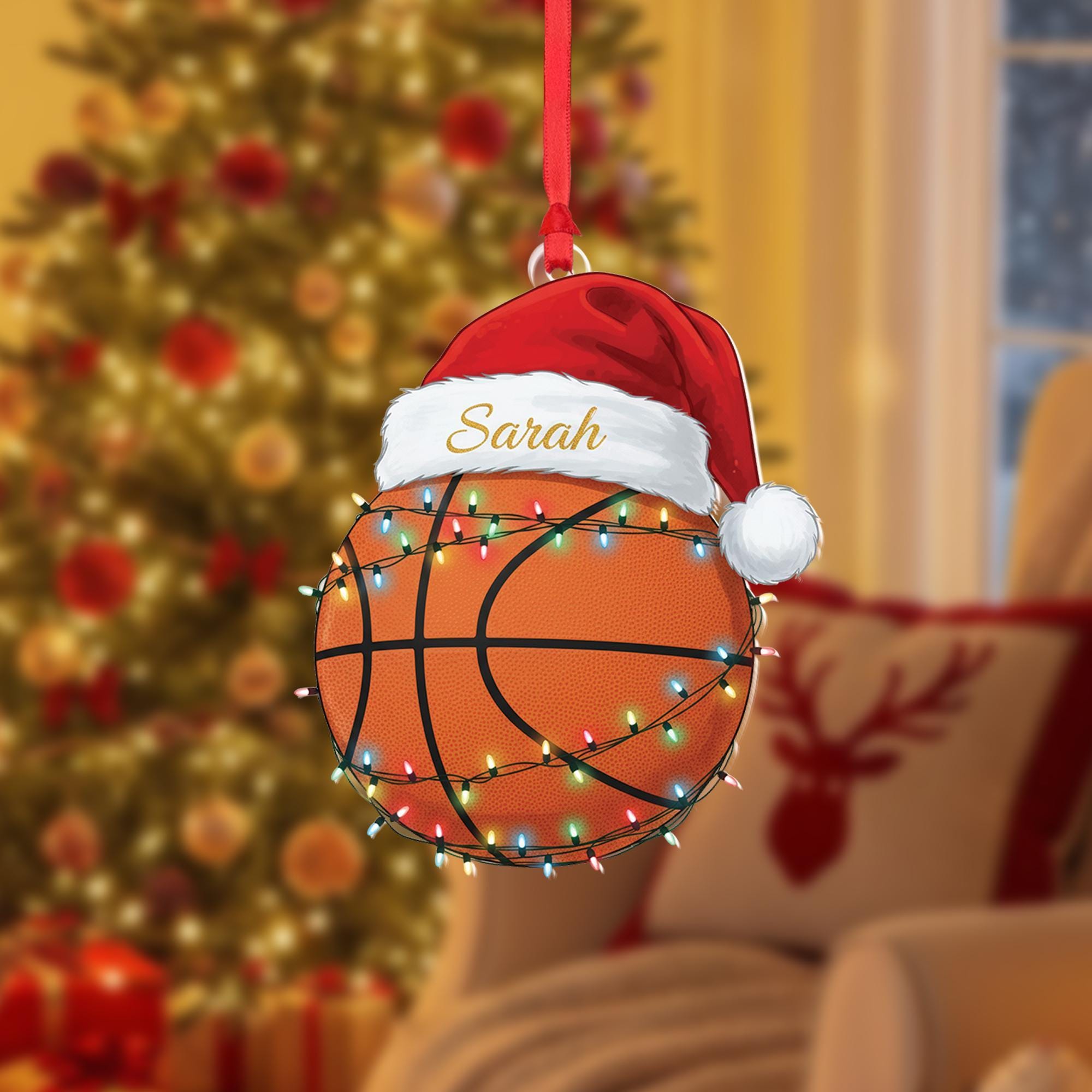 Personalized Basketball Ornament: Custom Name Santa Hat, Acrylic Christmas Keepsake image 1