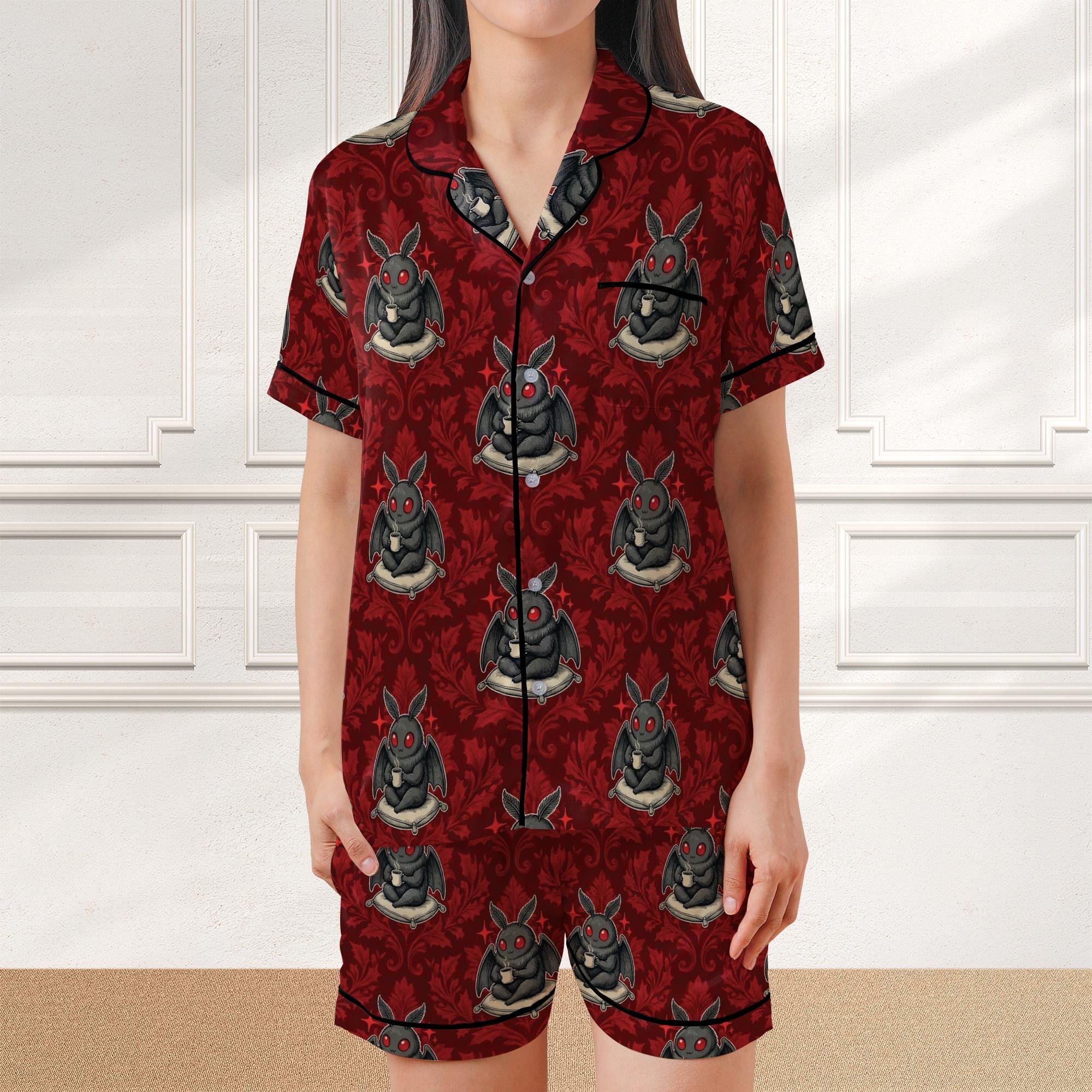 Mothman Satin Pajama Set: Red Gothic Damask, Cryptid Print image 1