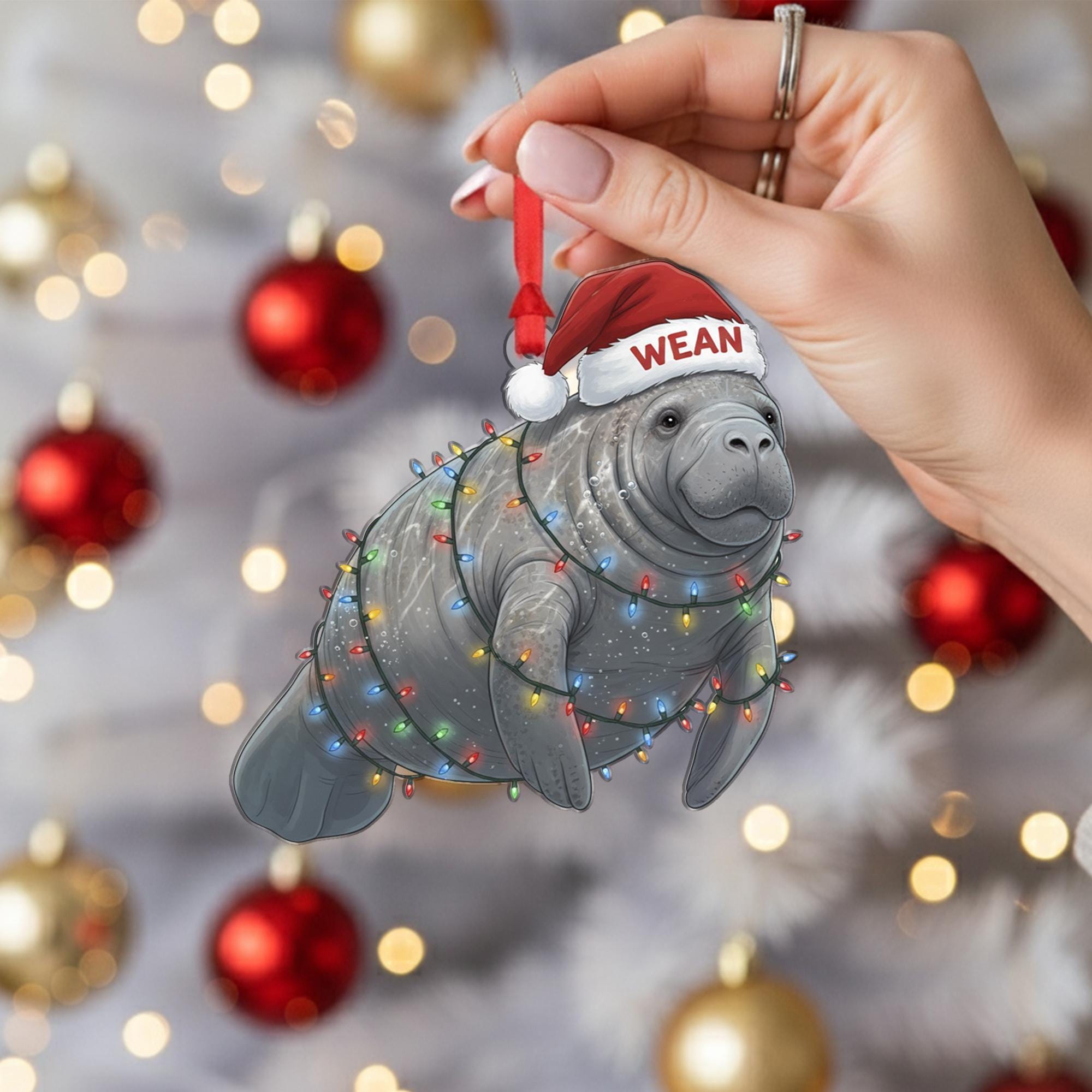 Personalized Manatee Ornament: Custom Name, Santa Hat Christmas Keepsake image 2
