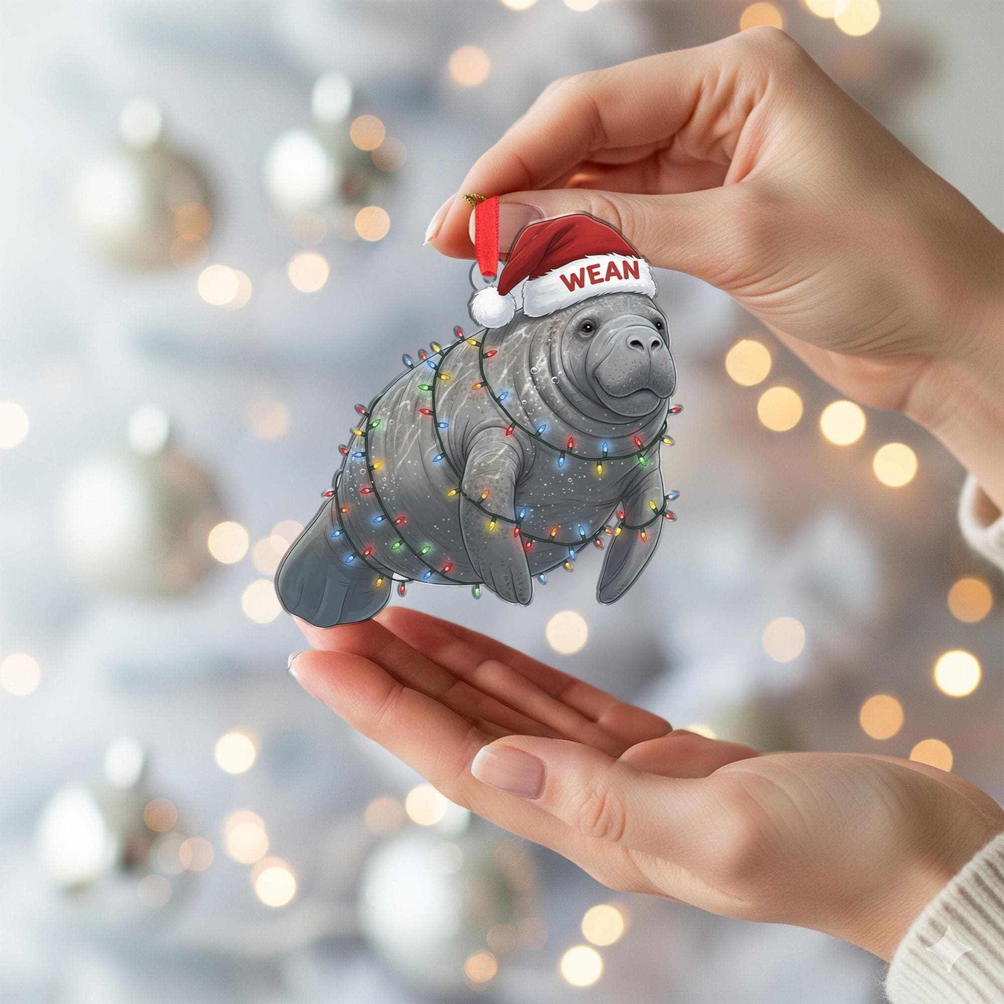 Personalized Manatee Ornament: Custom Name, Santa Hat Christmas Keepsake image 5