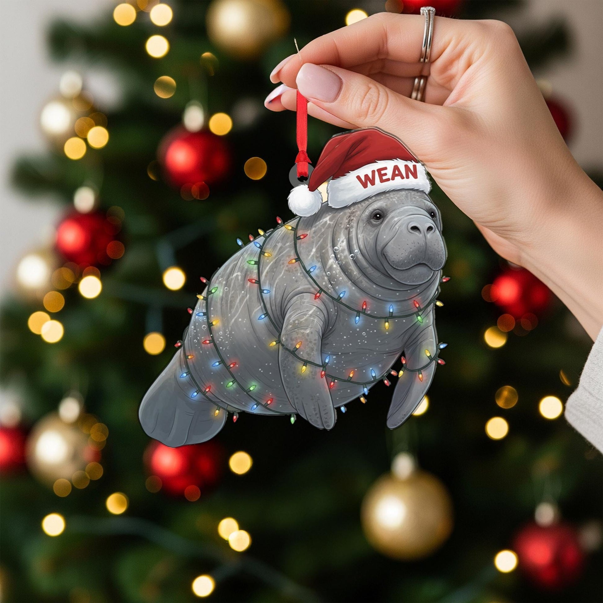 Personalized Manatee Ornament: Custom Name, Santa Hat Christmas Keepsake image 3