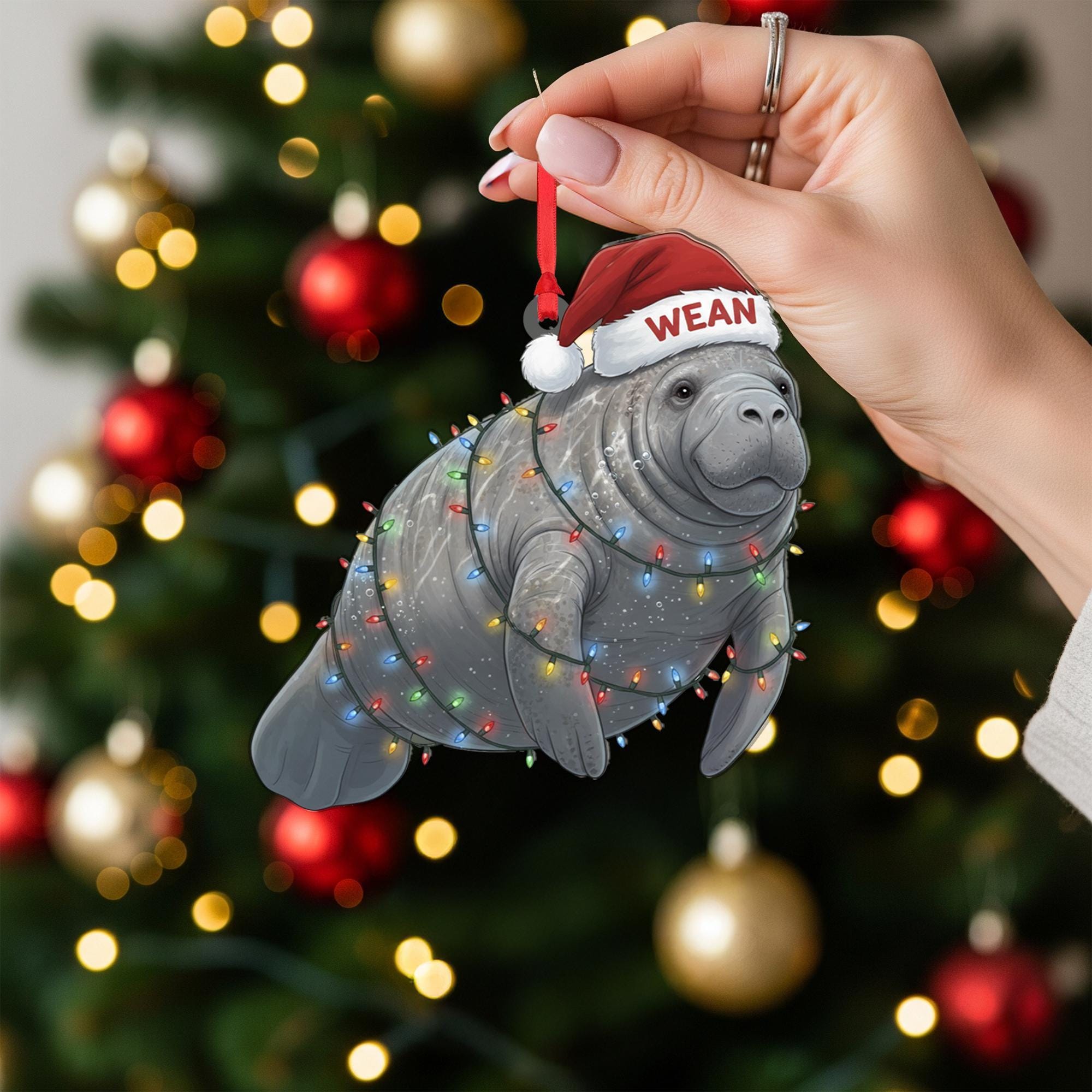 Personalized Manatee Ornament: Custom Name, Santa Hat Christmas Keepsake image 3