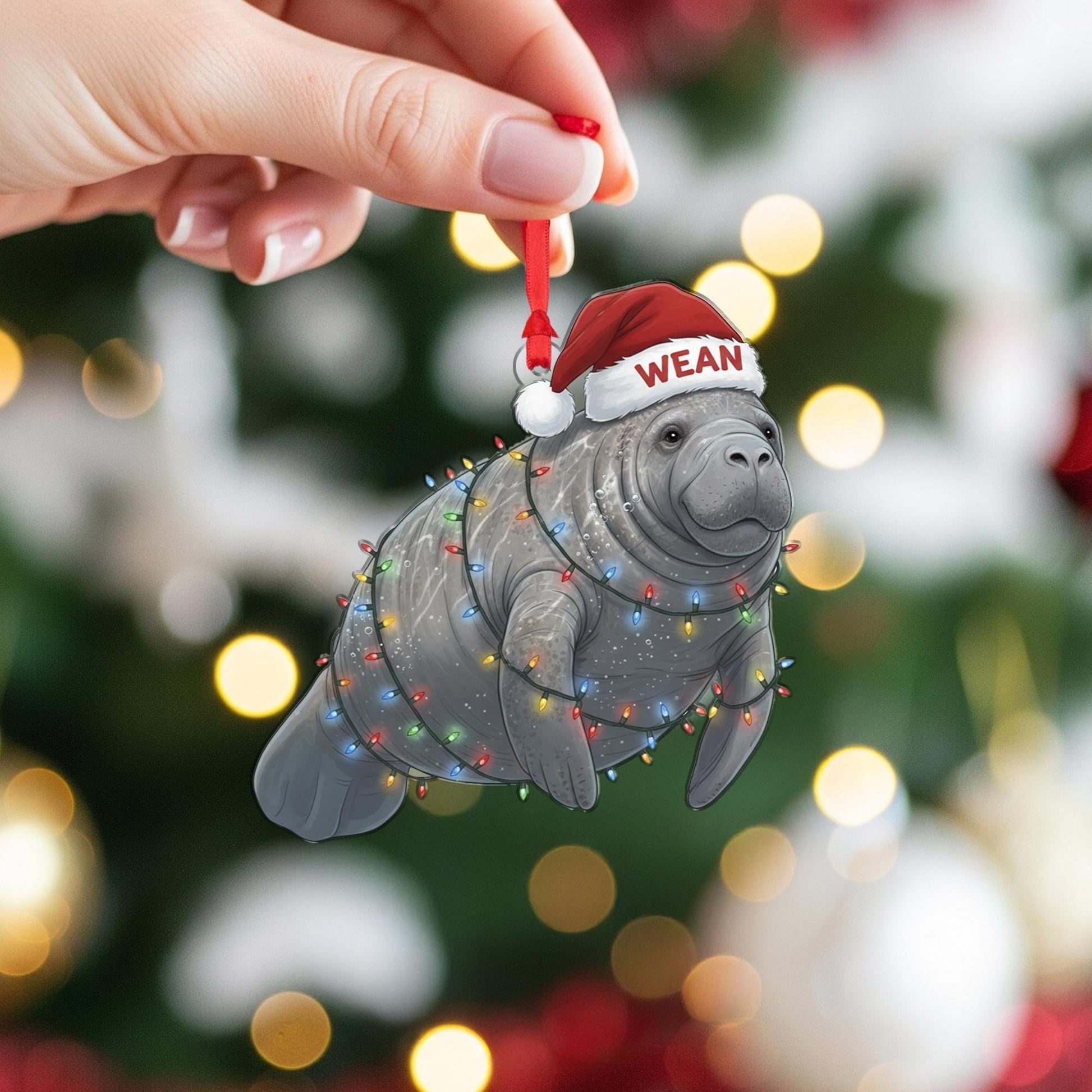 Personalized Manatee Ornament: Custom Name, Santa Hat Christmas Keepsake image 4