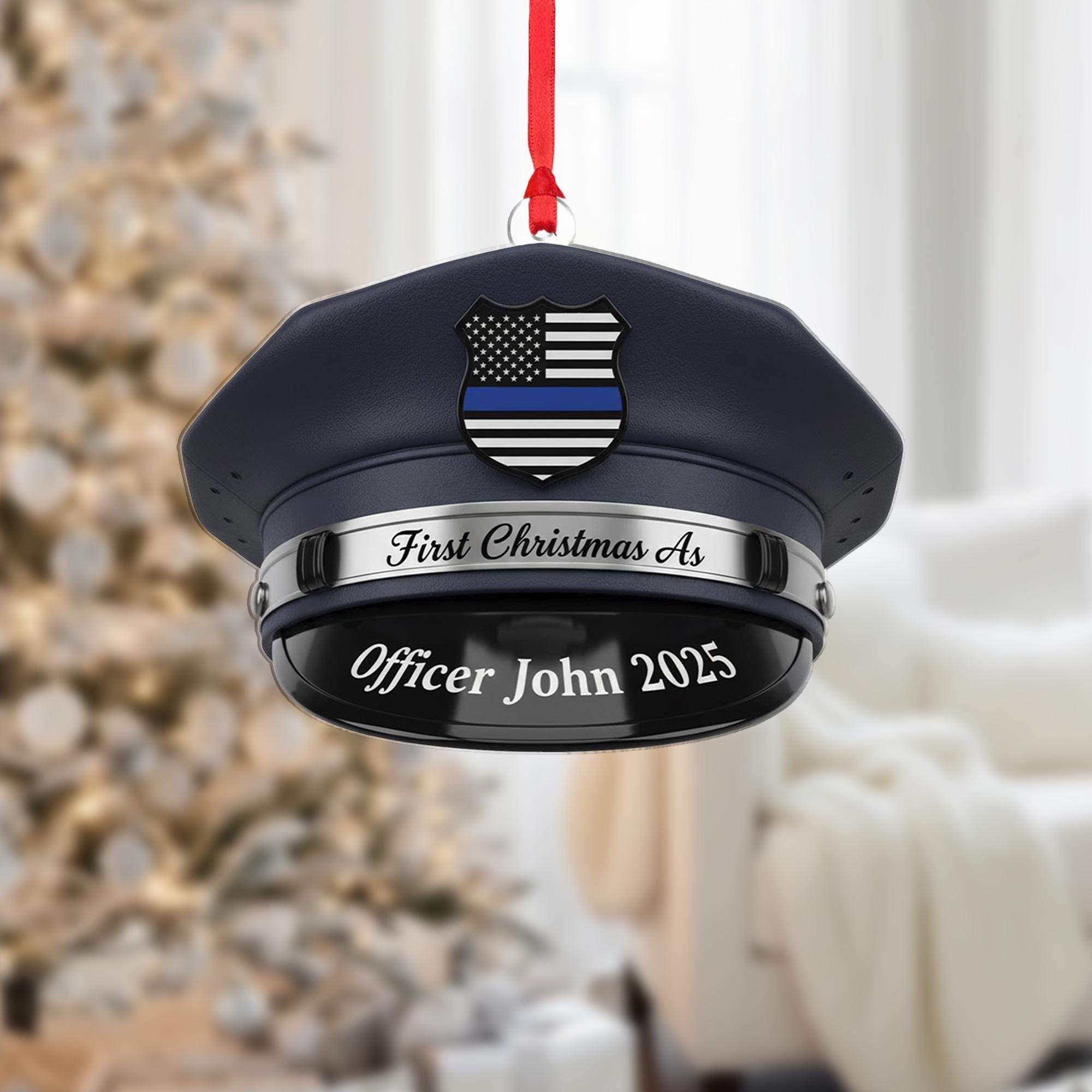 Personalized Police Officer Hat Ornament: First Christmas, Custom Name (2D Print) image 1