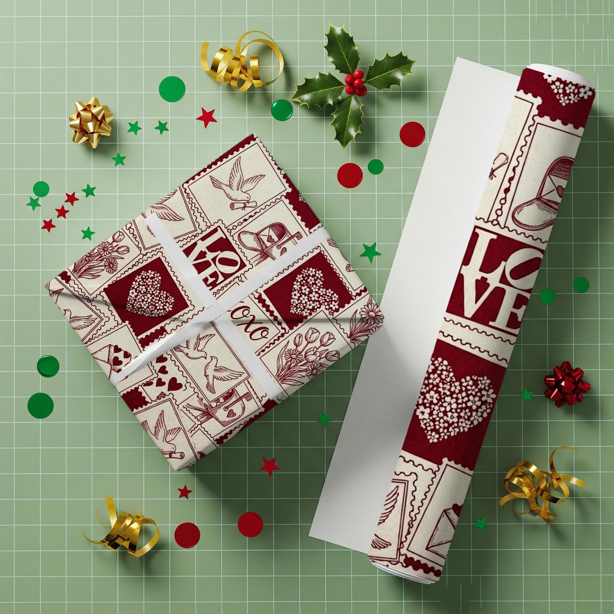 Valentine Wrapping Paper: Vintage Red Postage Stamp Print Love Doves & Hearts Gift Wrap Sheet image 2