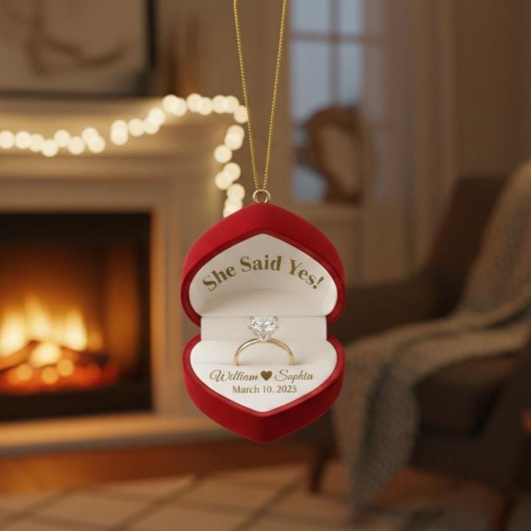 Personalized Engagement Ring Box Ornament: Christmas Keepsake, Names & Date image 1