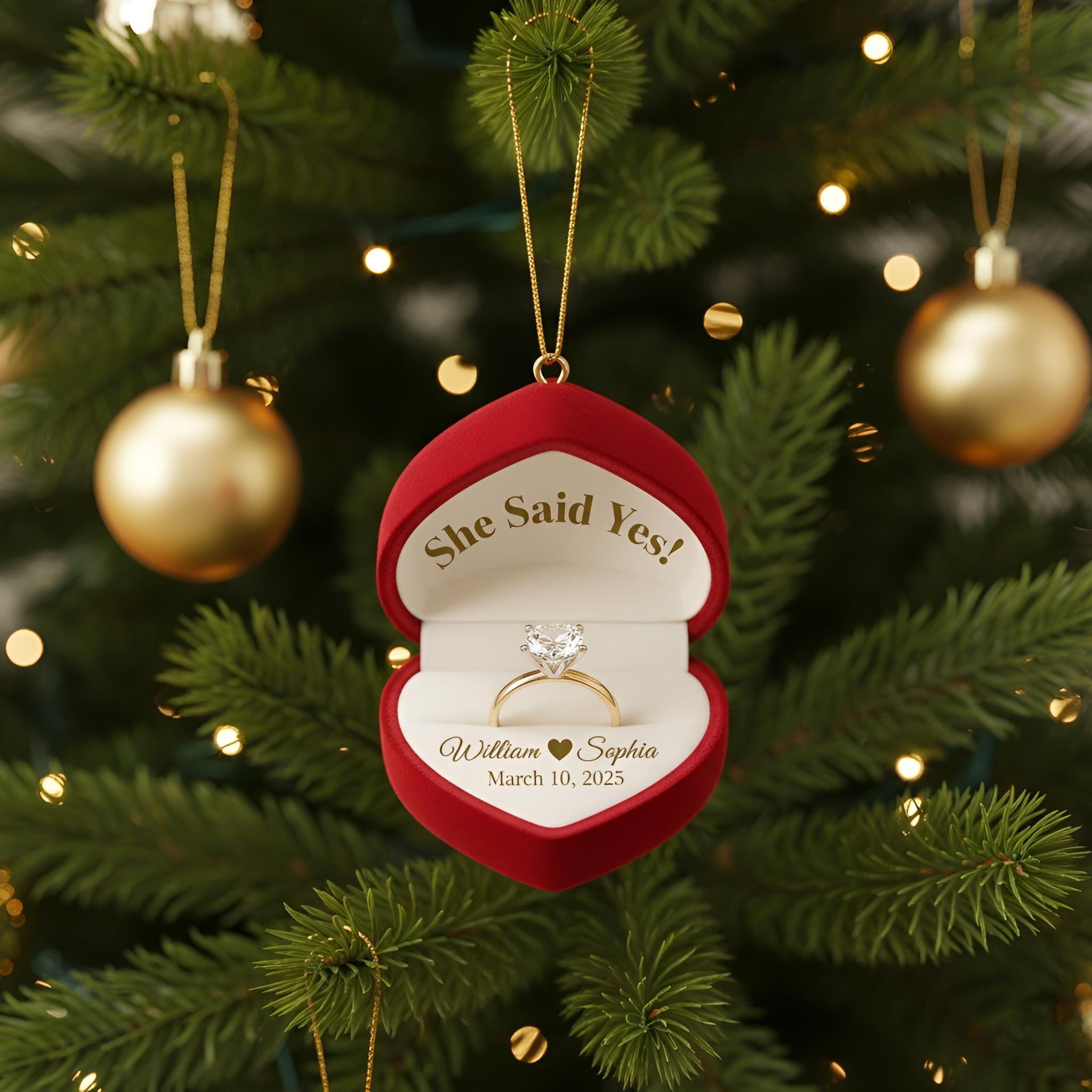 Personalized Engagement Ring Box Ornament: Christmas Keepsake, Names & Date image 2