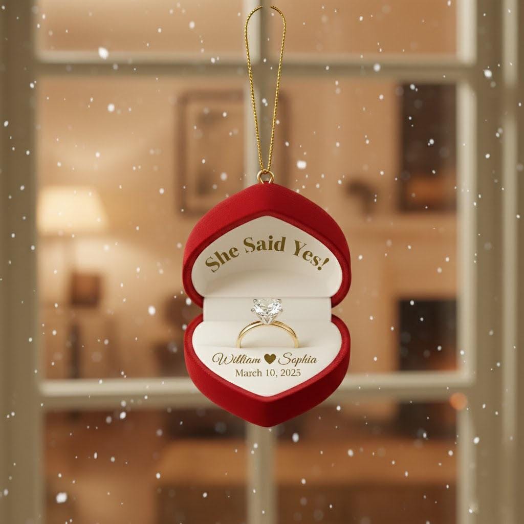 Personalized Engagement Ring Box Ornament: Christmas Keepsake, Names & Date image 4