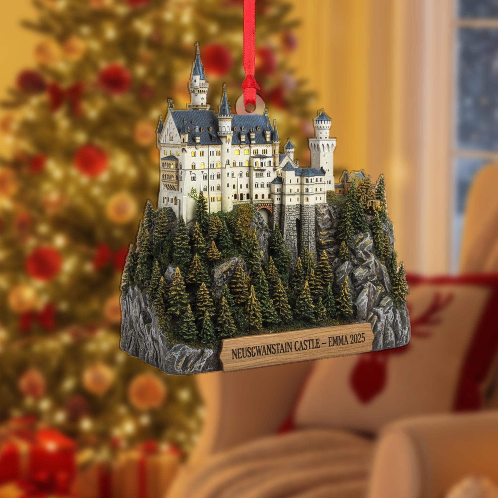 2D flat Personalized Neuschwanstein Castle Ornament Germany Bavarian Landmark Replica Name Year Christmas Decoration image 2