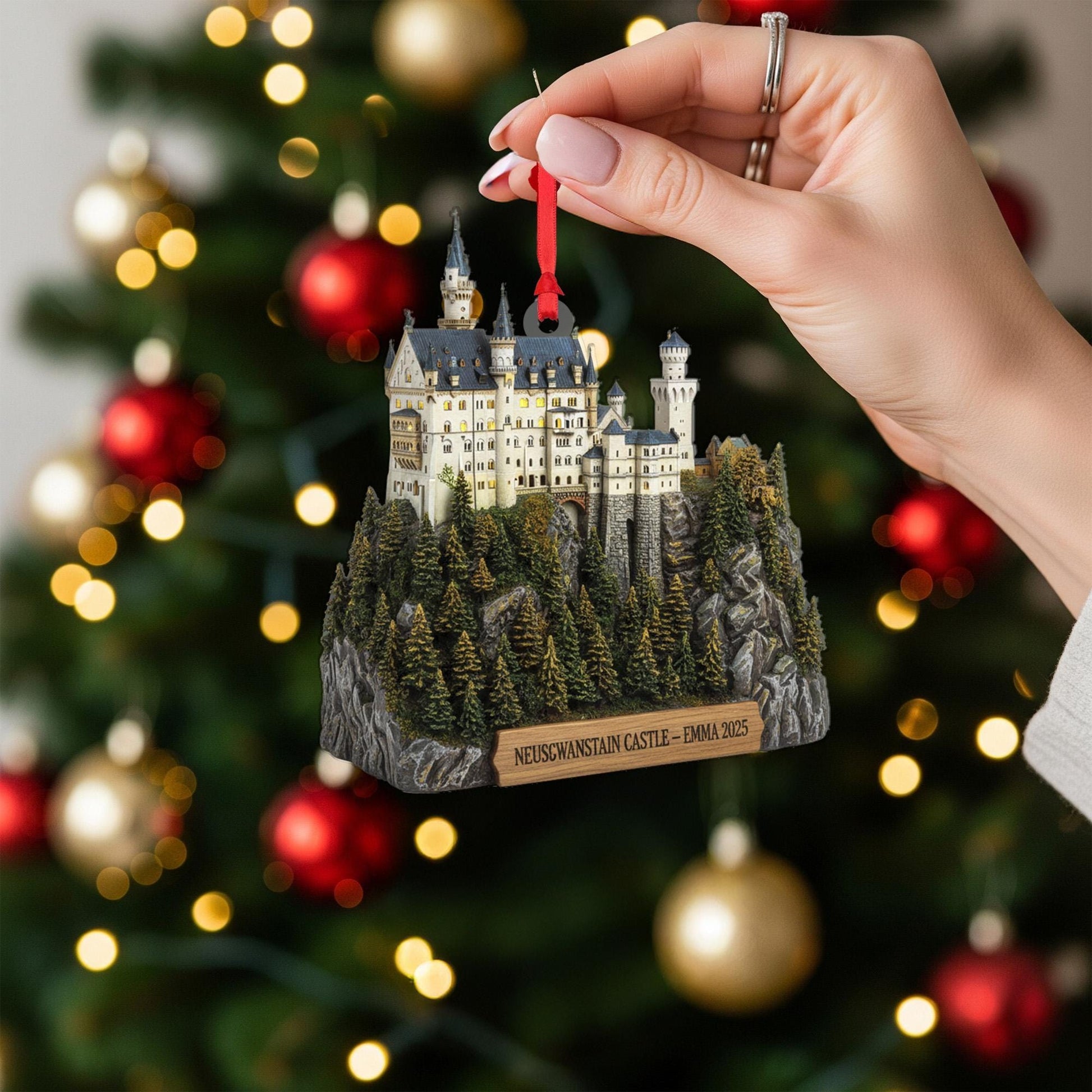 2D flat Personalized Neuschwanstein Castle Ornament Germany Bavarian Landmark Replica Name Year Christmas Decoration image 3