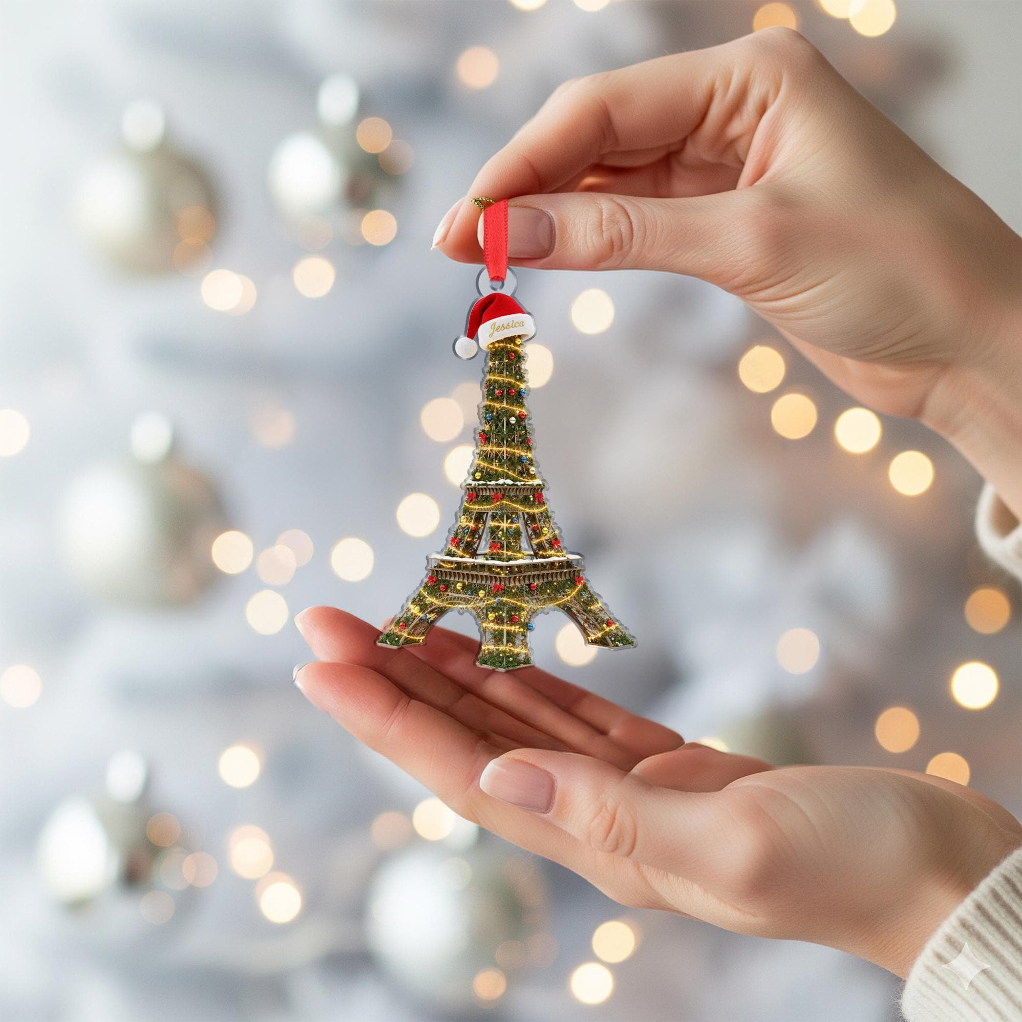 2D flat Personalized Eiffel Tower Ornament Paris Landmark Custom Name Christmas Lights image 1