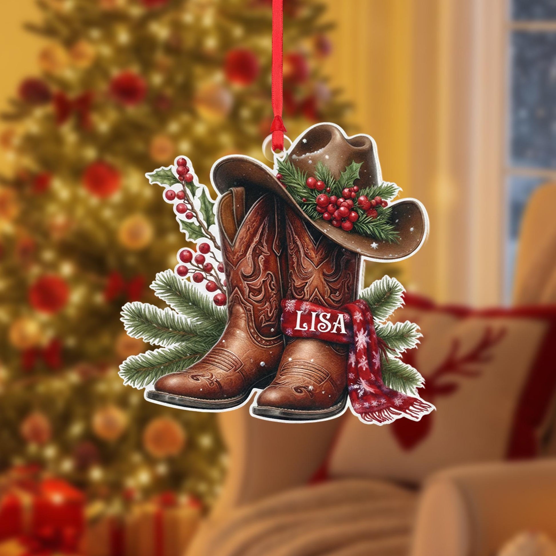 2D flat Personalized Cowboy Boot Ornament: Western Christmas Keepsake image 1