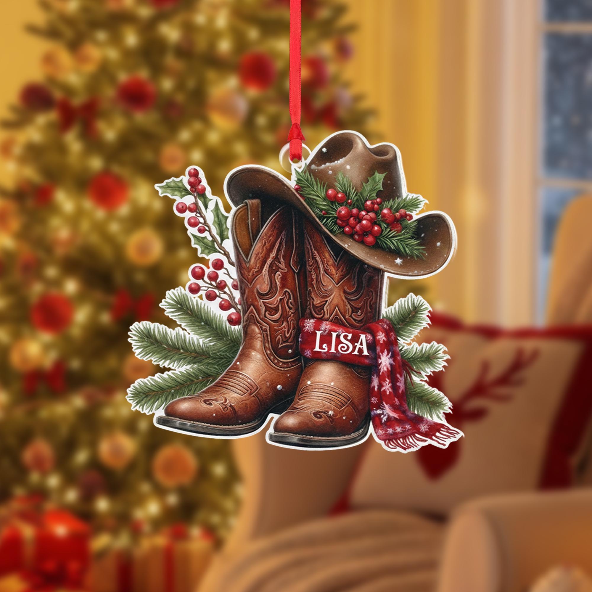 2D flat Personalized Cowboy Boot Ornament: Western Christmas Keepsake image 1