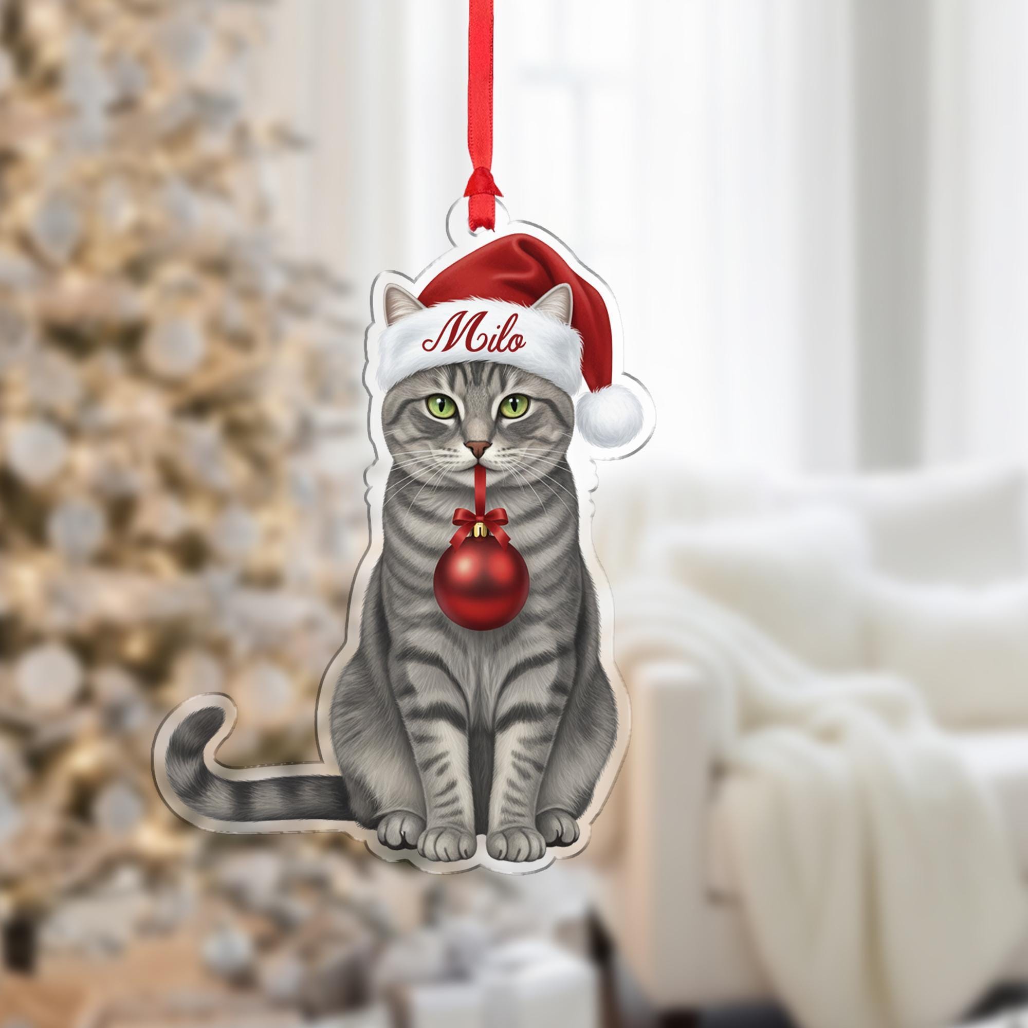 Personalized Cat Christmas Ornament – Custom Name Gray Tabby with Santa Hat image 2