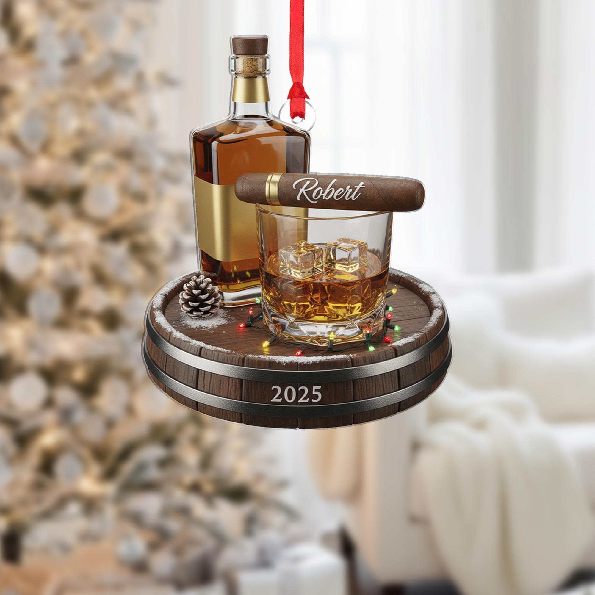 Personalized Whiskey and Cigar Ornament 2025 – Custom Name Bourbon Glass Ornament – Gentlemen Gift for Him Christmas Decor image 2