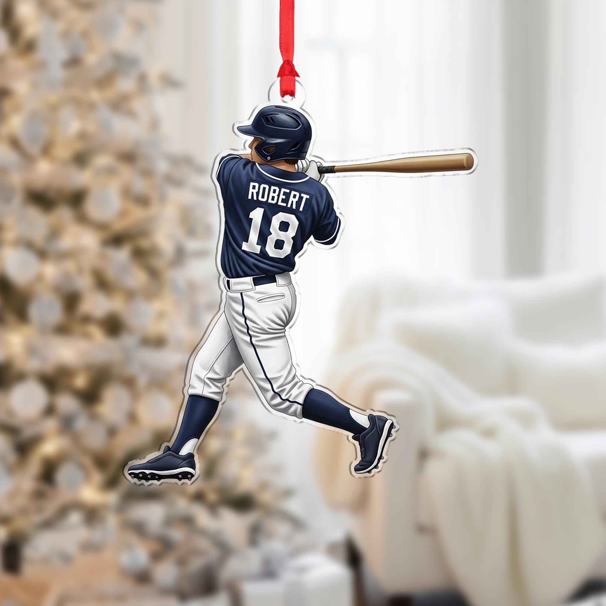 Personalized 2D Flat Baseball Player Christmas Ornament • Custom Name and Number Sports Gift image 1