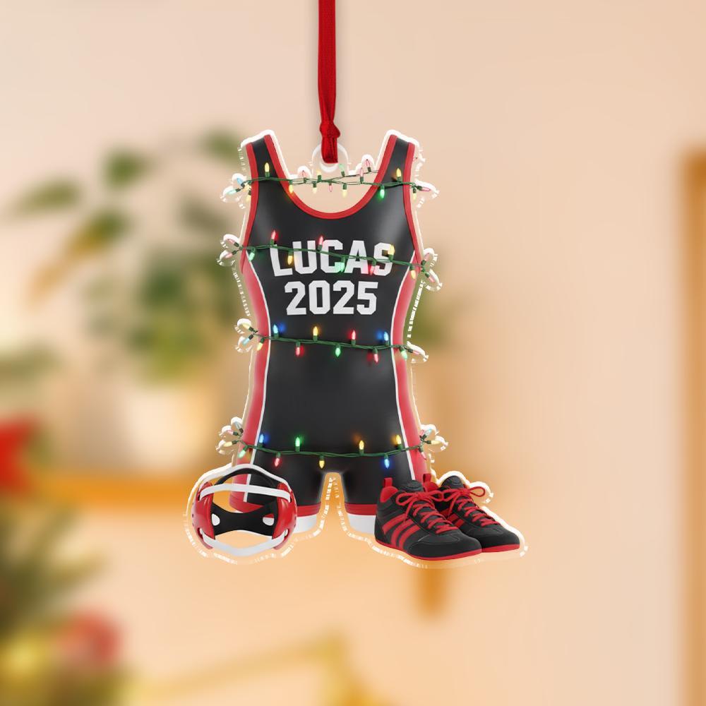Personalized Acrylic Ornament — Custom Name Wrestling Singlet with Shoes & Headgear Scene image 2