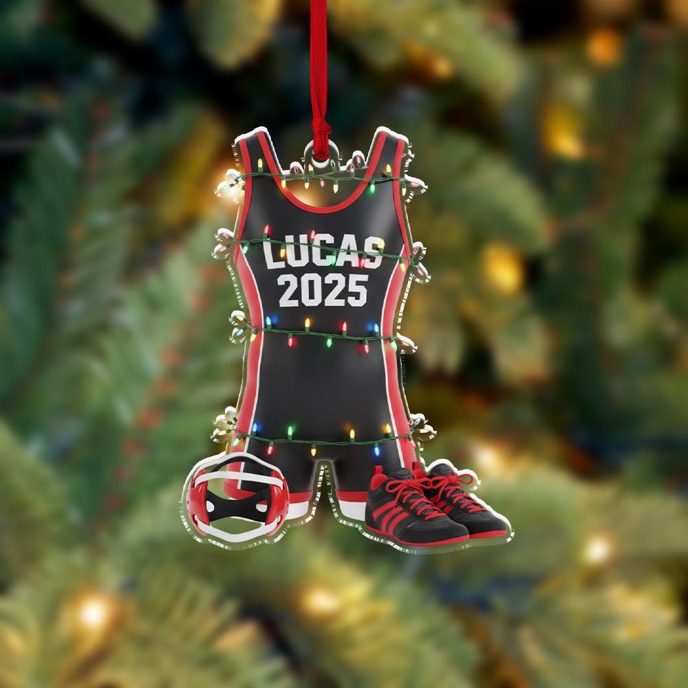 Personalized Acrylic Ornament — Custom Name Wrestling Singlet with Shoes & Headgear Scene image 1