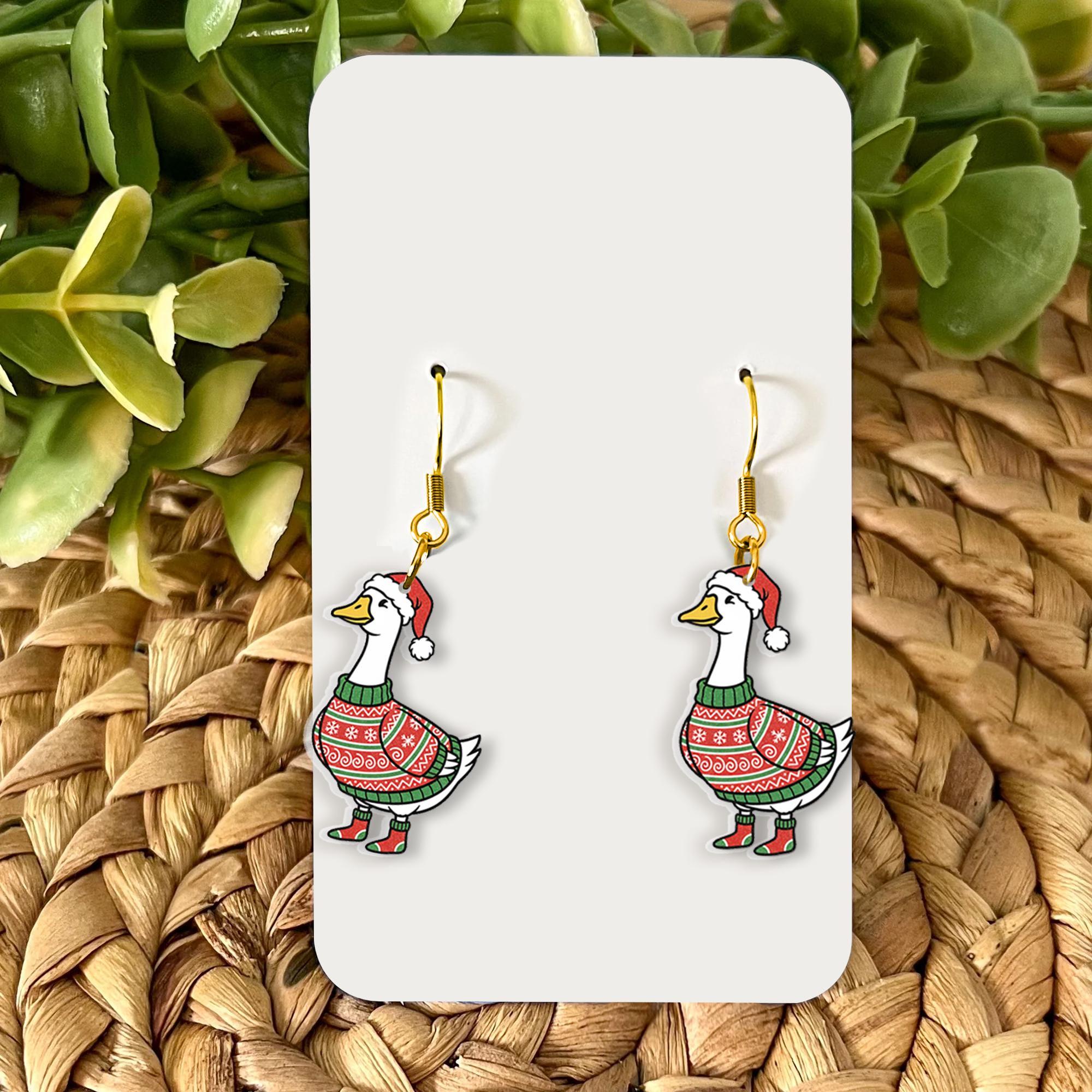 Goose Earrings – Holiday Jewelry, Christmas Dangle Earrings with Santa Hat and Sweater image 1