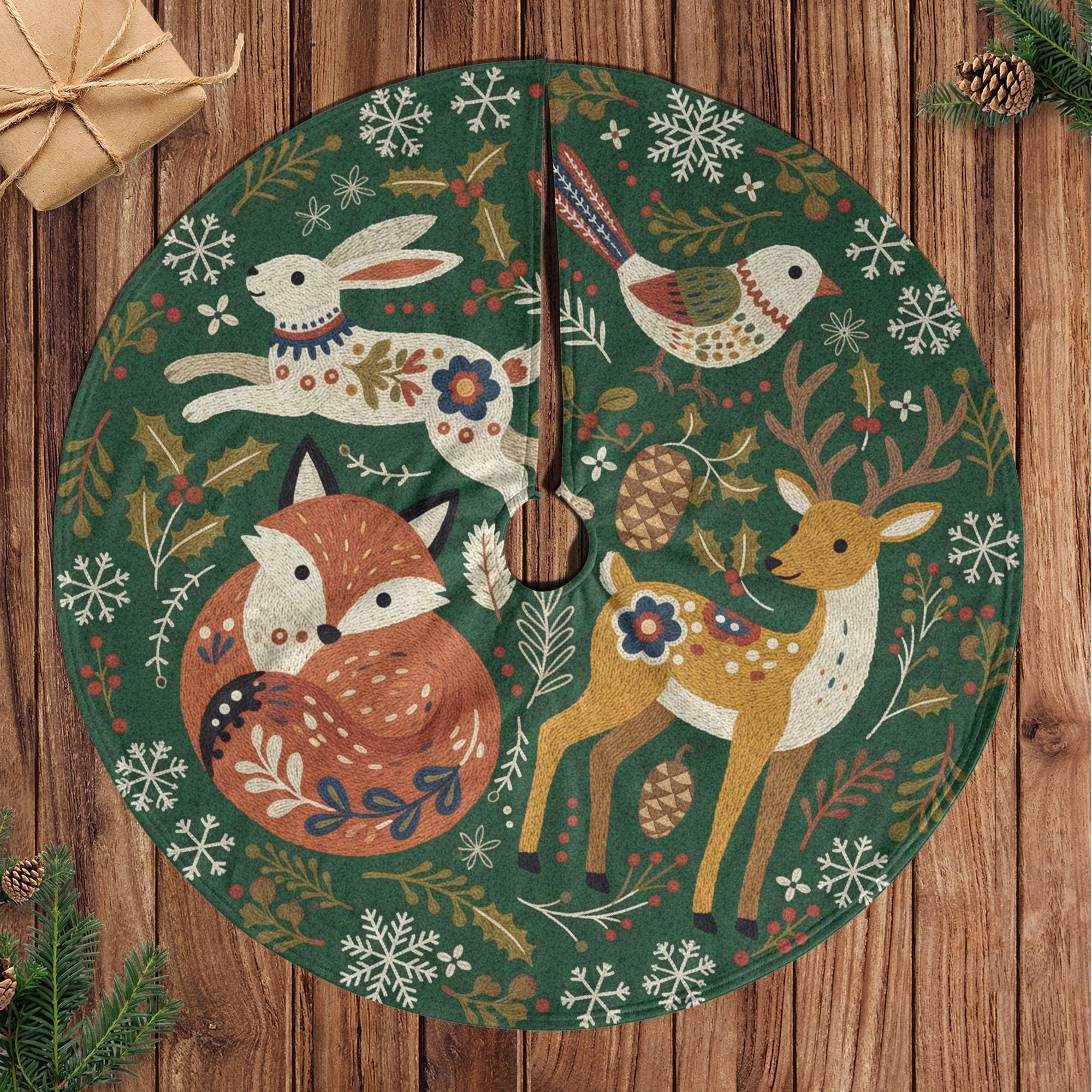 Woodland Animal Christmas Tree Skirt – Fox, Rabbit, Deer on Green Holiday Decor image 2