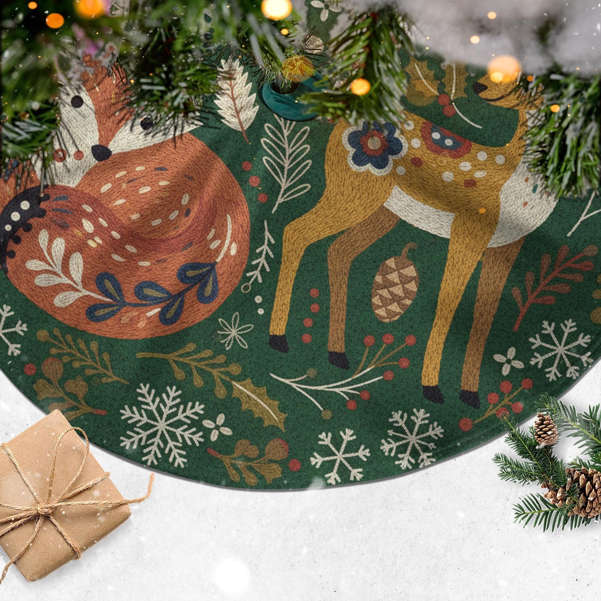 Woodland Animal Christmas Tree Skirt – Fox, Rabbit, Deer on Green Holiday Decor image 3