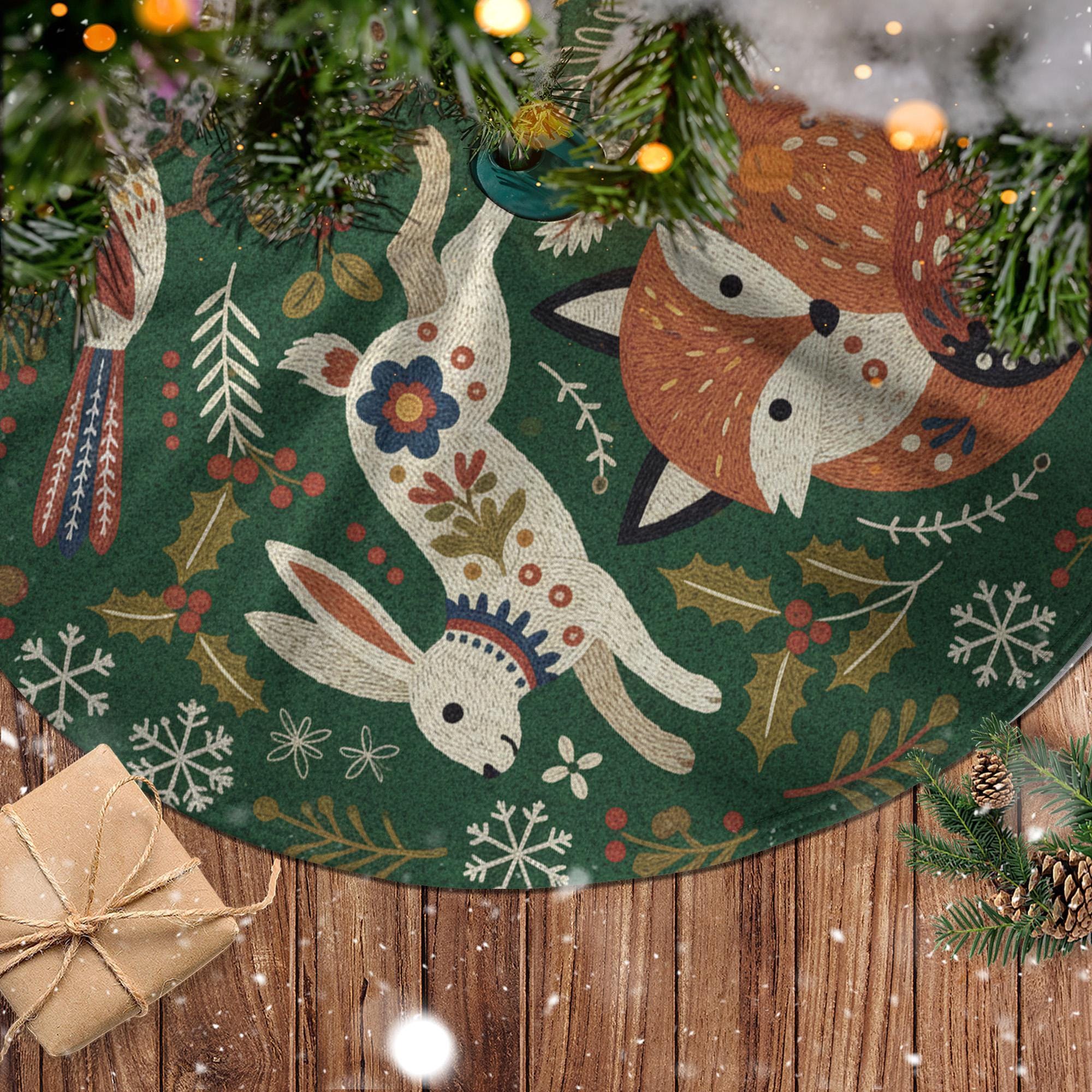 Woodland Animal Christmas Tree Skirt – Fox, Rabbit, Deer on Green Holiday Decor image 4