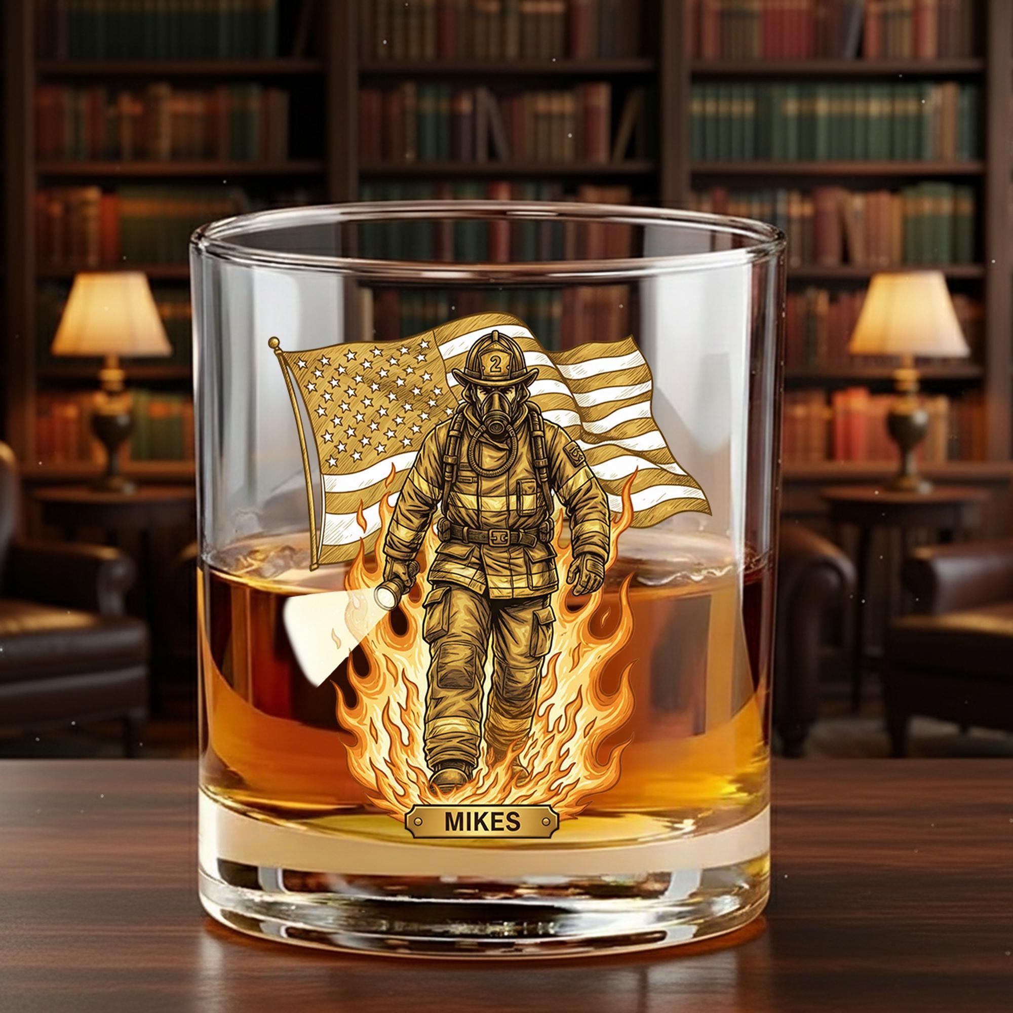 Personalized Whiskey Glass with Firefighter and Flag – Custom Drinkware for Firefighter image 2