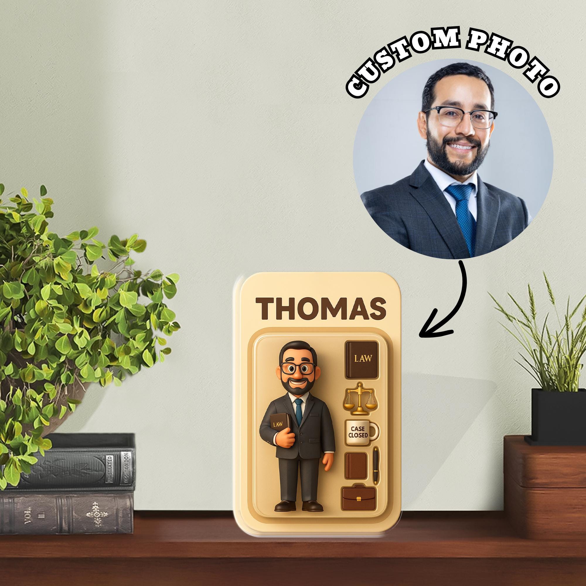 Custom Acrylic Block Plaque, Personalized Lawyer Portrait, Photo to Cartoon Name Desk Sign image 1