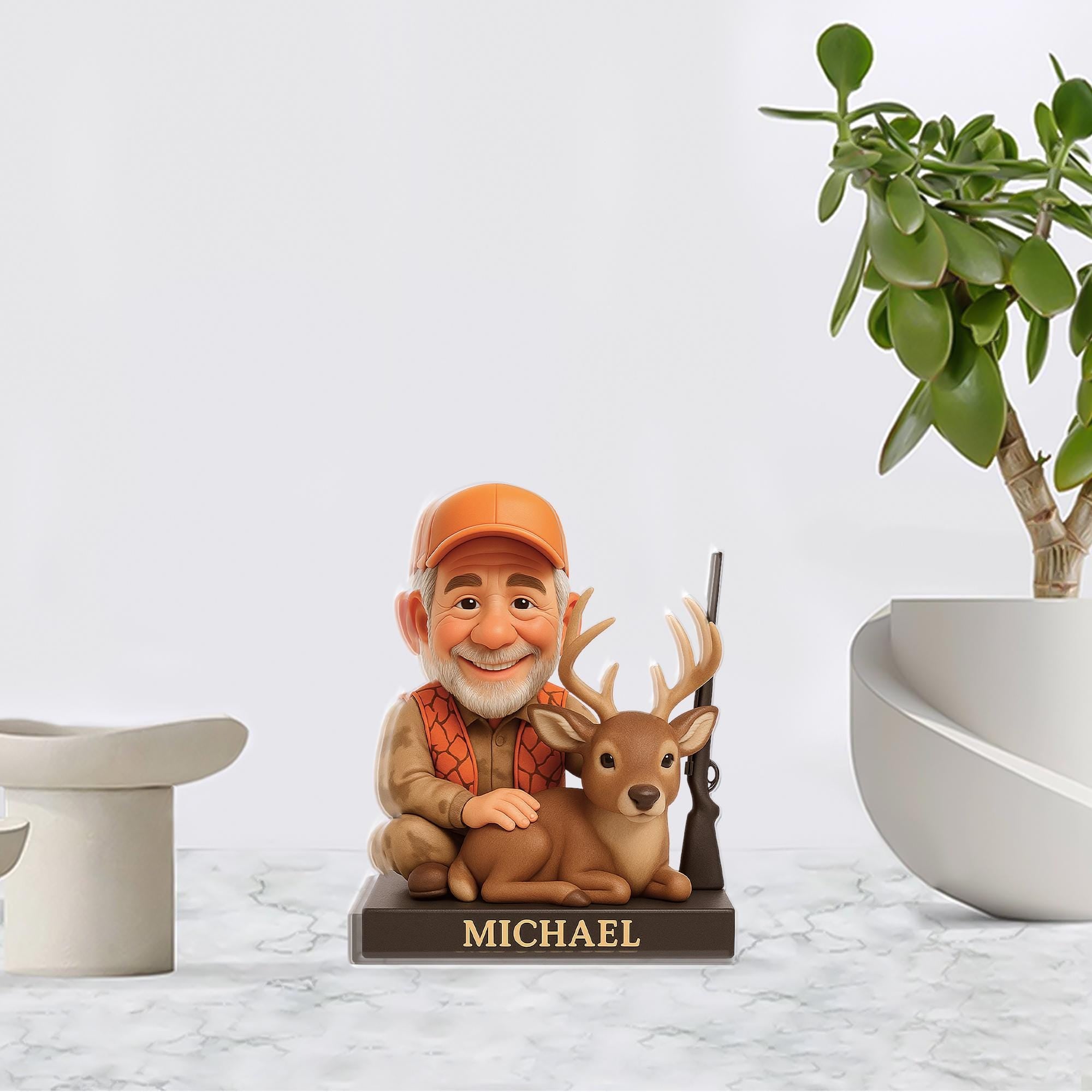 Custom Acrylic Block Plaque, Personalized Hunter Cartoon Portrait, Deer Rifle Name Desk Decor image 2