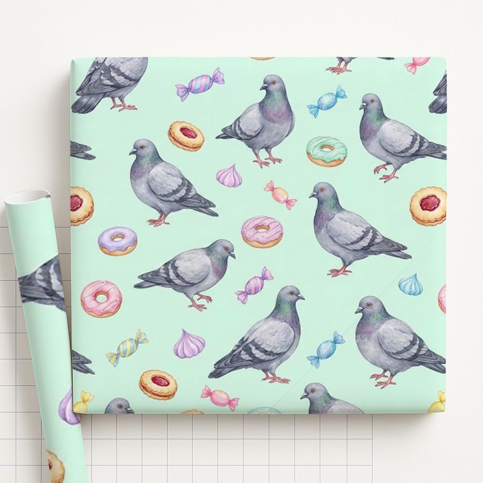 Whimsical Pigeon Wrapping Paper – Mint Green, Candy Pattern, Matte Finish image 2