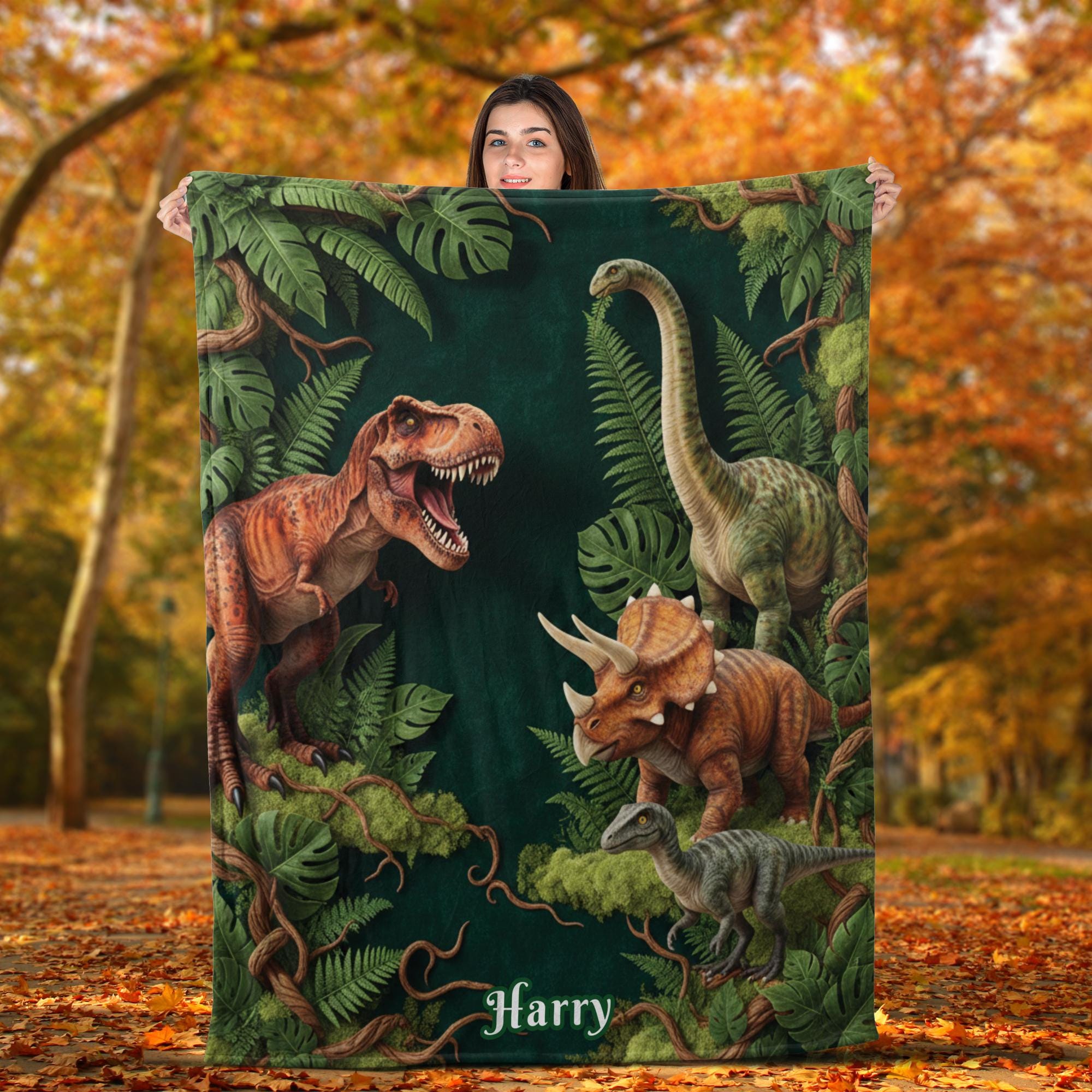 Custom Dinosaur Fleece Blanket, Personalized Name, Pseudo 3D Dino Pattern, Kids Bedroom Throw image 2