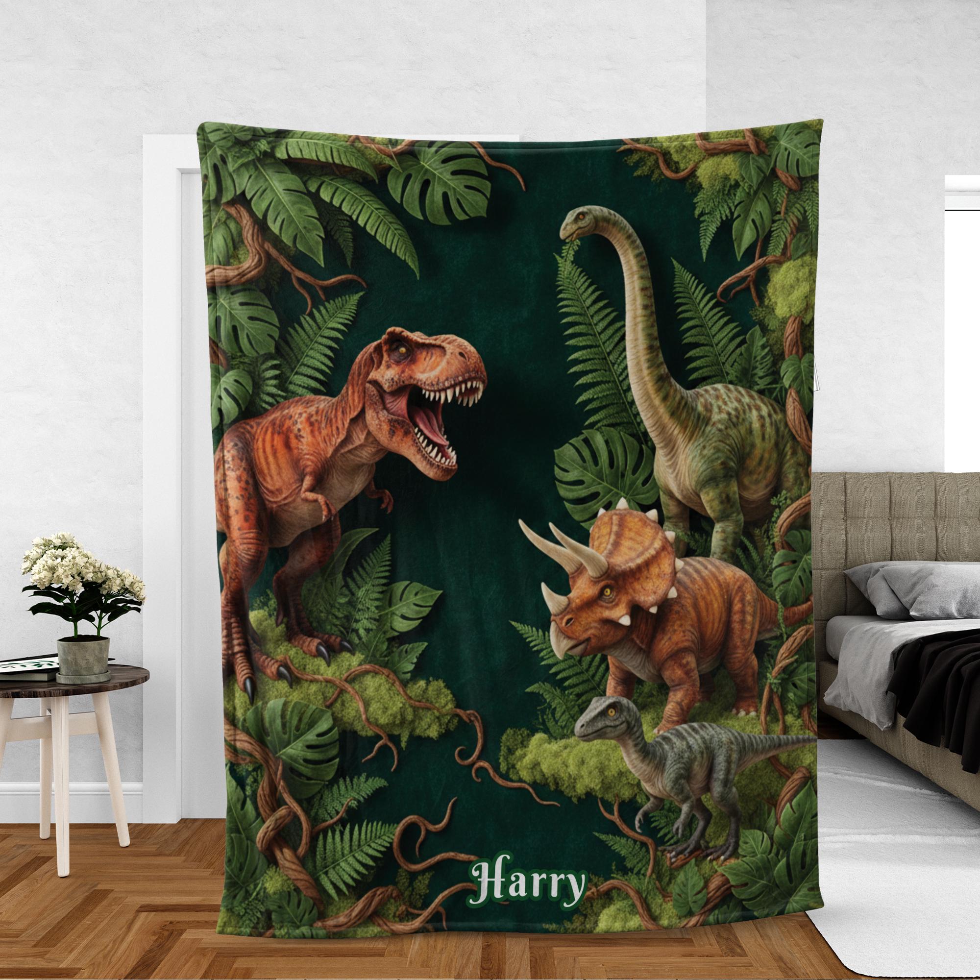Custom Dinosaur Fleece Blanket, Personalized Name, Pseudo 3D Dino Pattern, Kids Bedroom Throw image 1