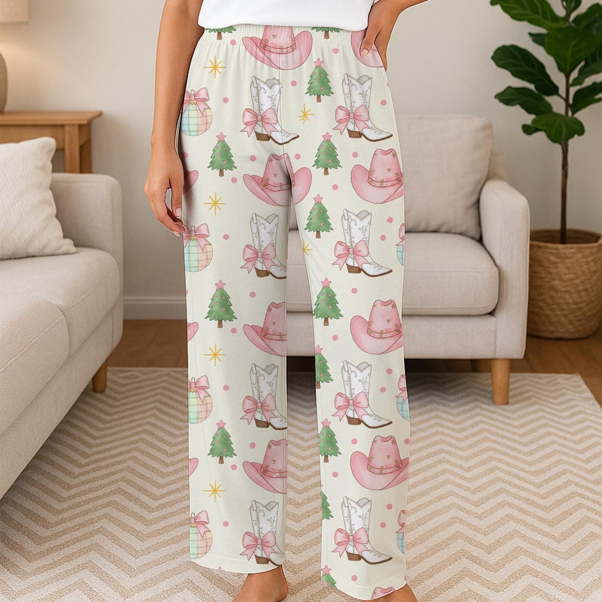 Women’s Pajama Pants: Lounge Sleep Bottoms, Western Christmas Pattern, Cowboy Boots and Hats image 2