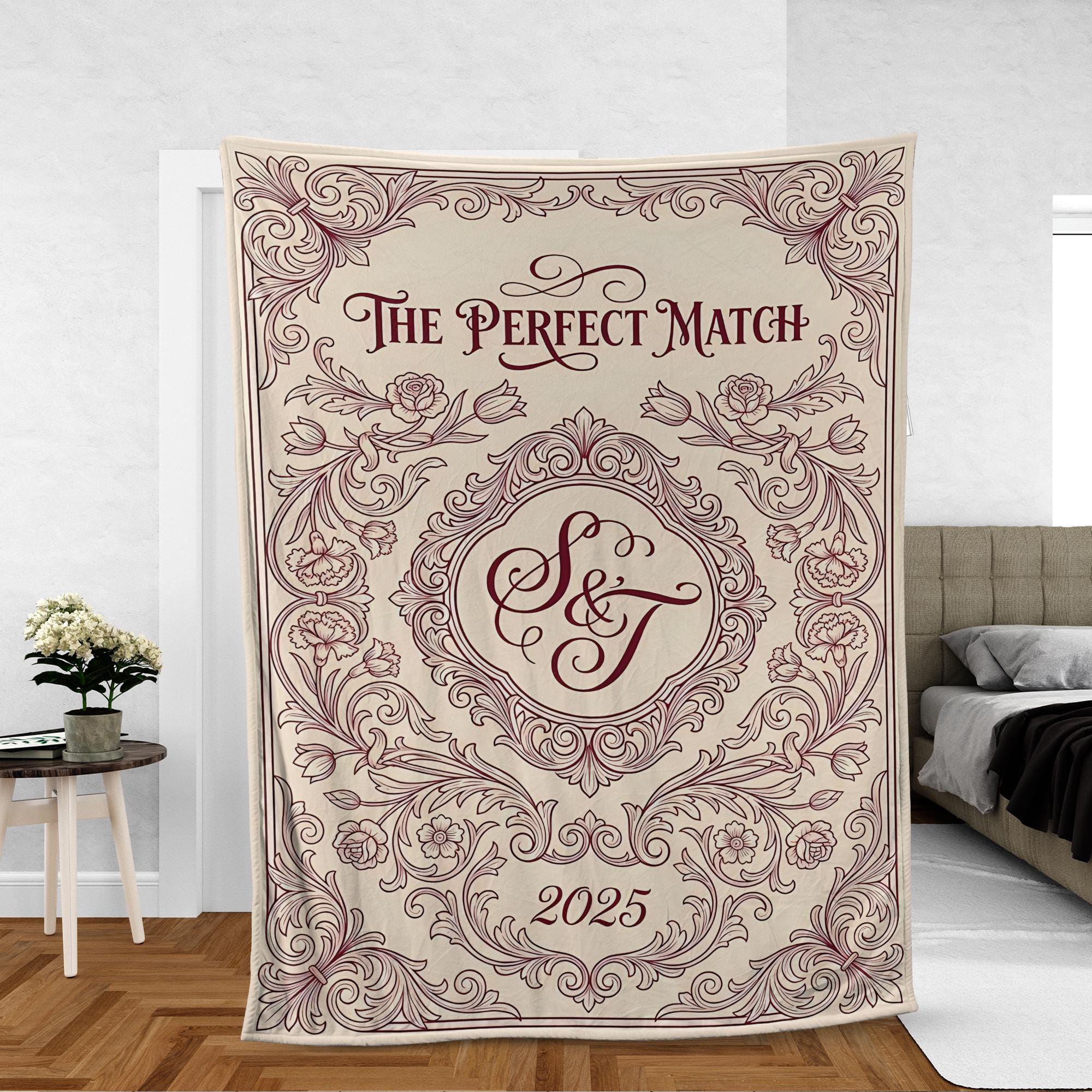 Personalized Monogram Blanket – Couple Match, Floral Scrollwork, Year Display image 1